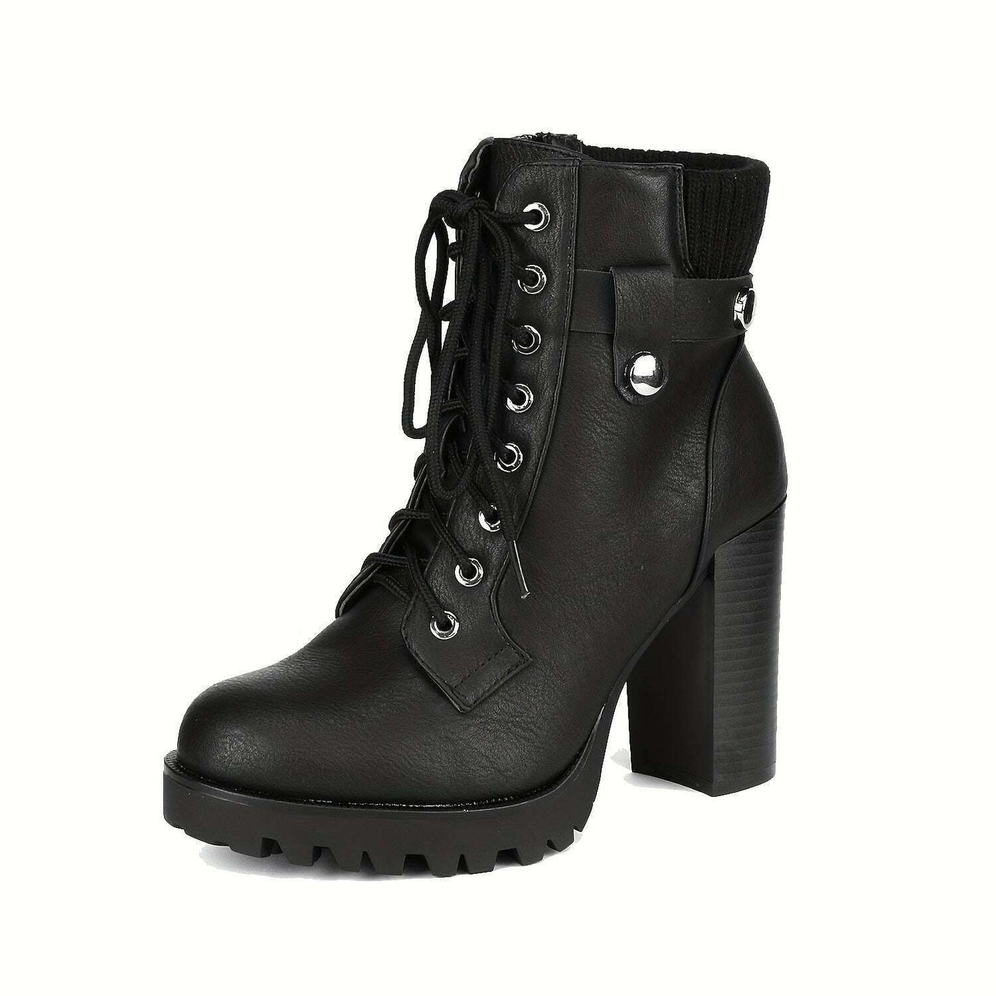 Women's Lace Up Combat Ankle Boots, High Chunky Heel Fashion Heeled Booties Shoes