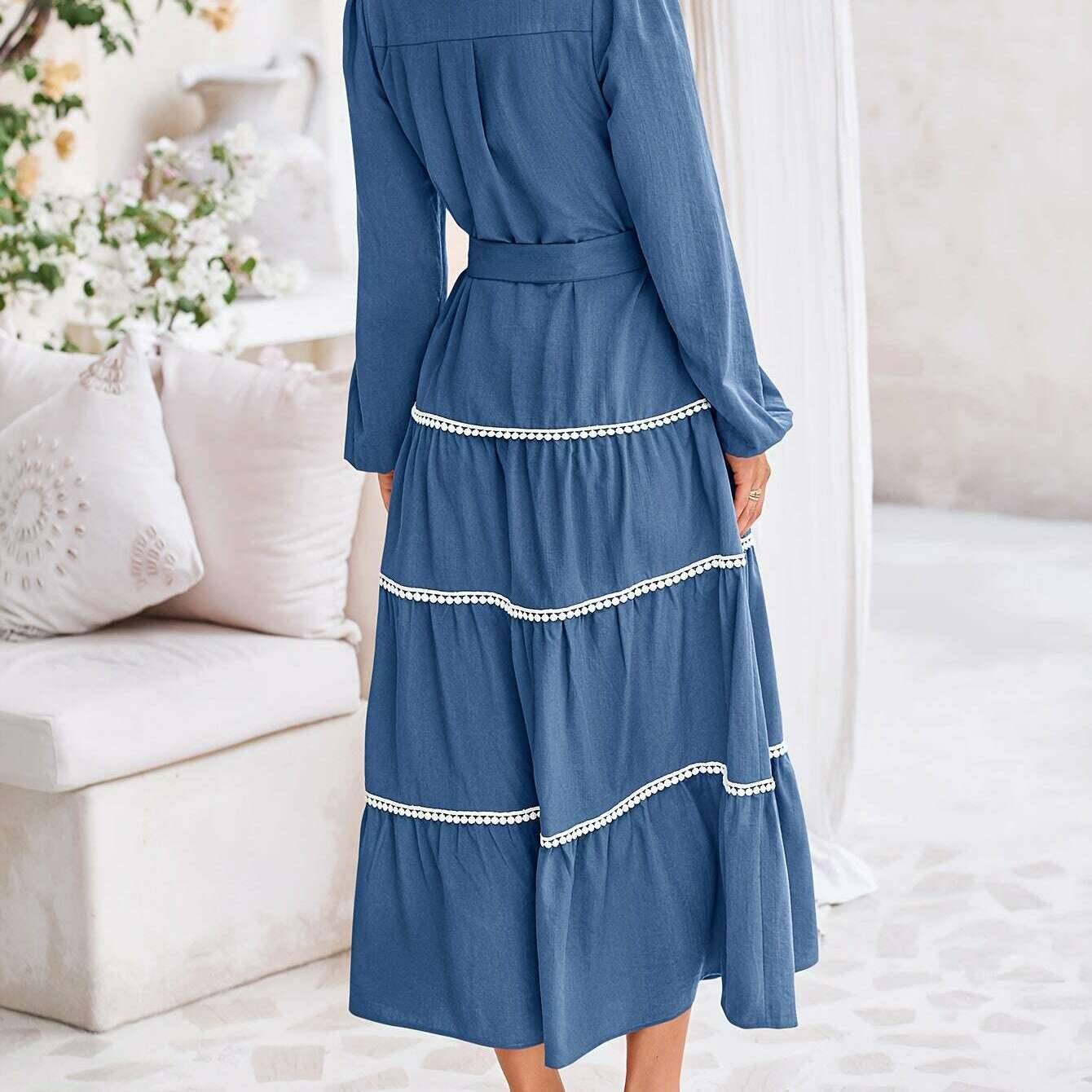 Women'S Spring Casual Dress Loose Drawstring Lantern Sleeve Long Sleeve Tier Dress With Pockets