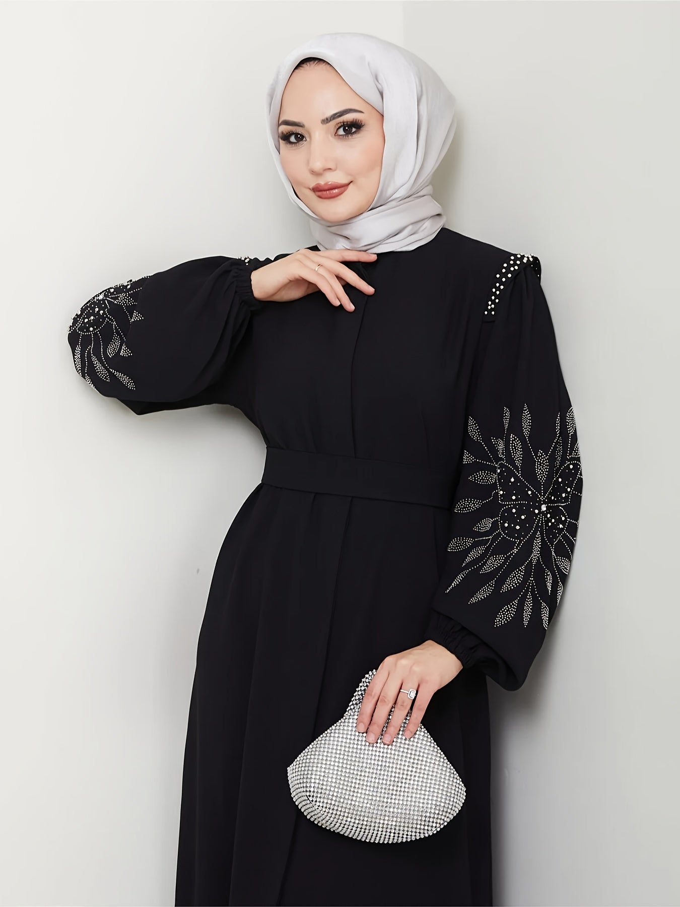 Elegant Black Abaya with Rhinestone Embellishments - Long Sleeve, Belted, All-Season Traditional Muslim Dress for Women, Islamic Fashion, Sophisticated Craftsmanship