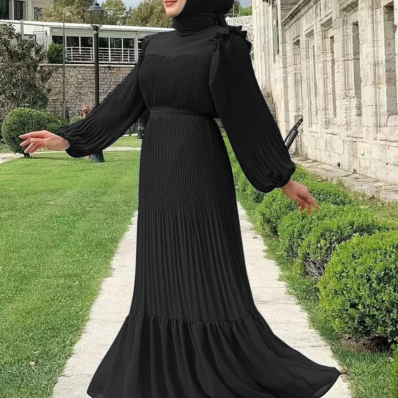 Women's Middle Eastern Muslim Abaya Kaftan Dress - Modest Long Sleeve Ruffled Hem Solid Color Traditional Dress with Belt, Machine Washable All-Season Casual Wear, Modest Apparel | Soft Texture