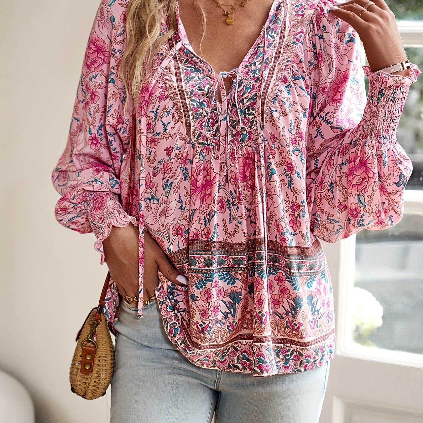 Floral Print V Neck Blouse, Casual Drawstring Long Sleeve Blouse For Spring & Fall, Women'S Clothing