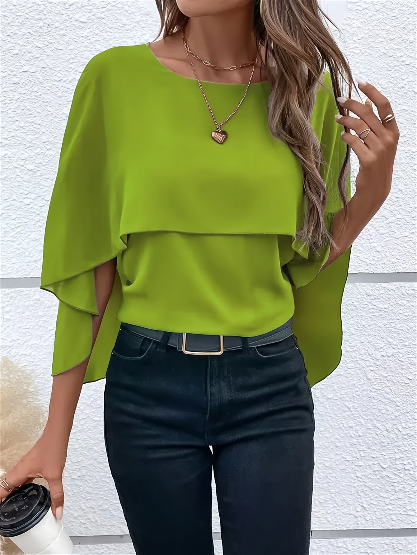 Solid Color Layered Cape Sleeve Shirt, Versatile Round Neck Shirt For Spring And Autumn, Women'S Clothing