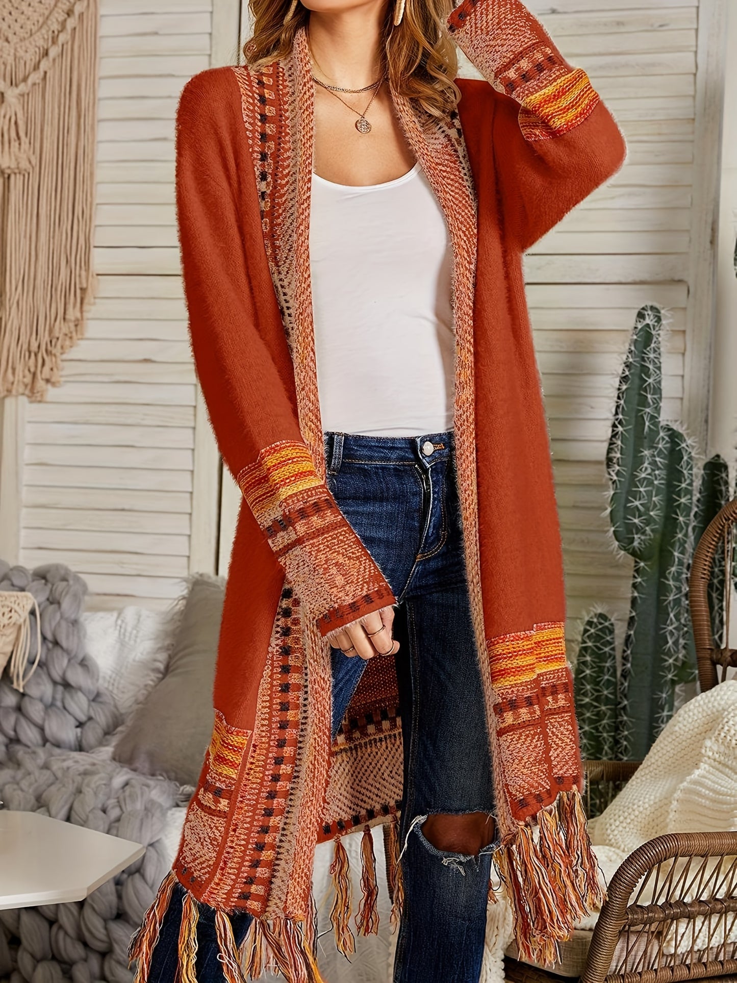 Women Boho Cardigan Sweater Long Open Front Maxi Knit Sweaters Aztec Tribal Tassel Fringe Thin Coat