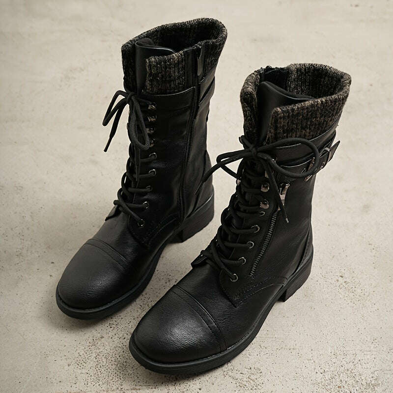 Women's Winter Lace Up Mid Calf Combat Riding Boots