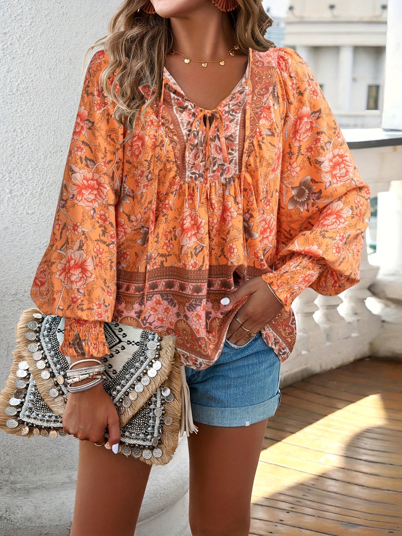 Floral Print V Neck Blouse, Casual Drawstring Long Sleeve Blouse For Spring & Fall, Women'S Clothing