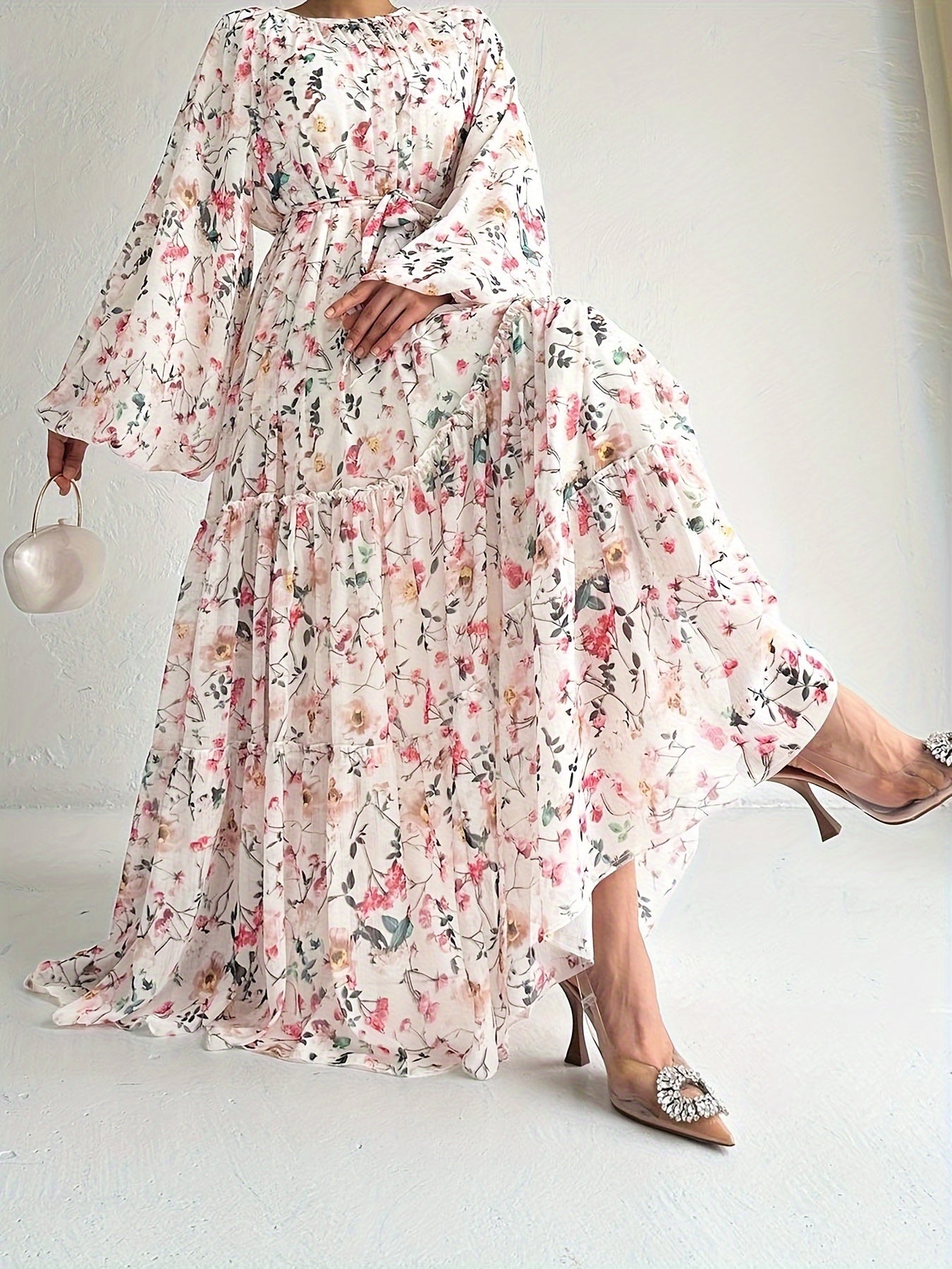 Women’s Floral Maxi Kaftan Dress – Long Sleeve, Crew Neck, Versatile