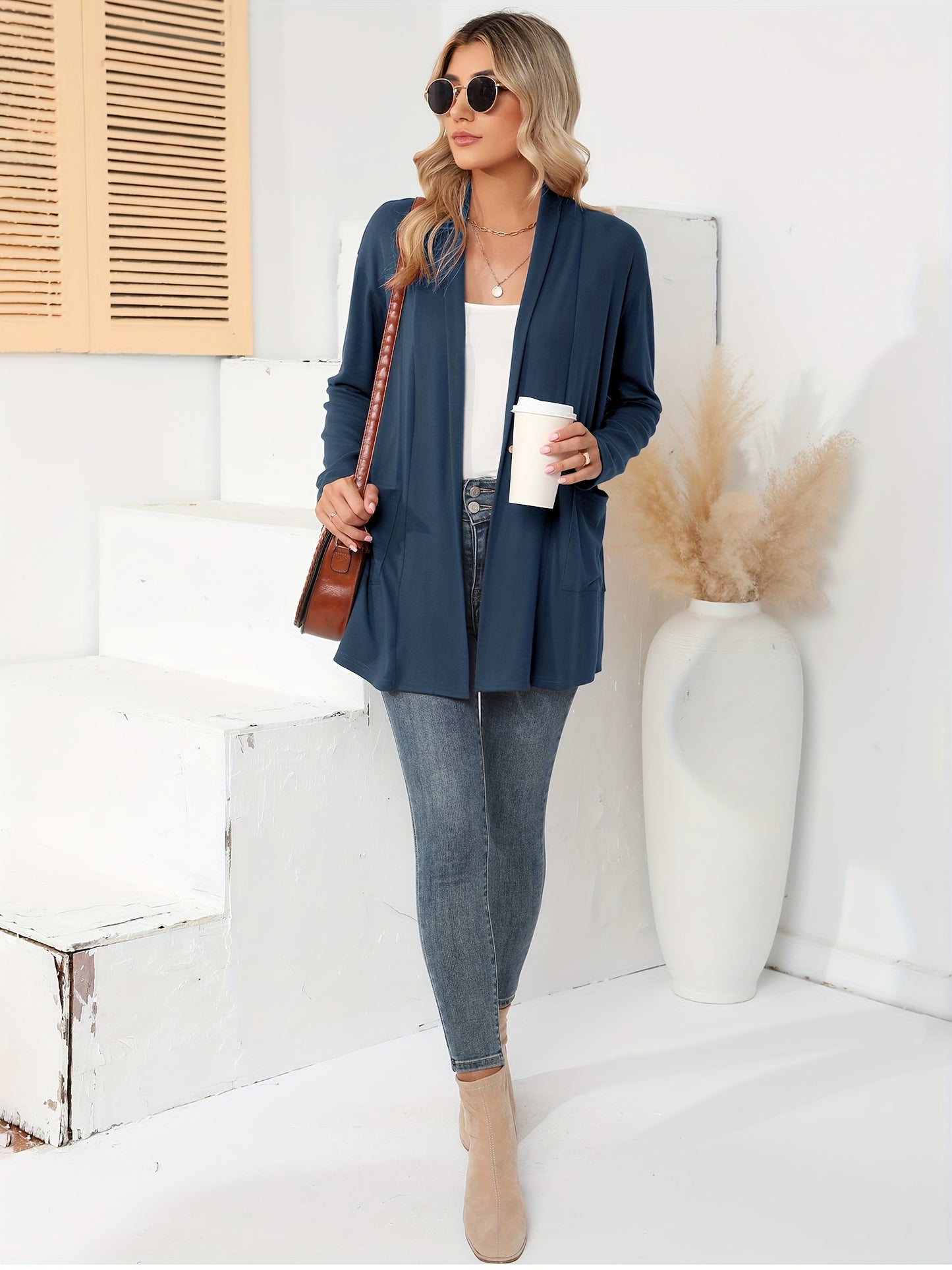 Spring & Autumn Women's Casual Solid Color Cardigan – Open Placket with Double Pocket Design