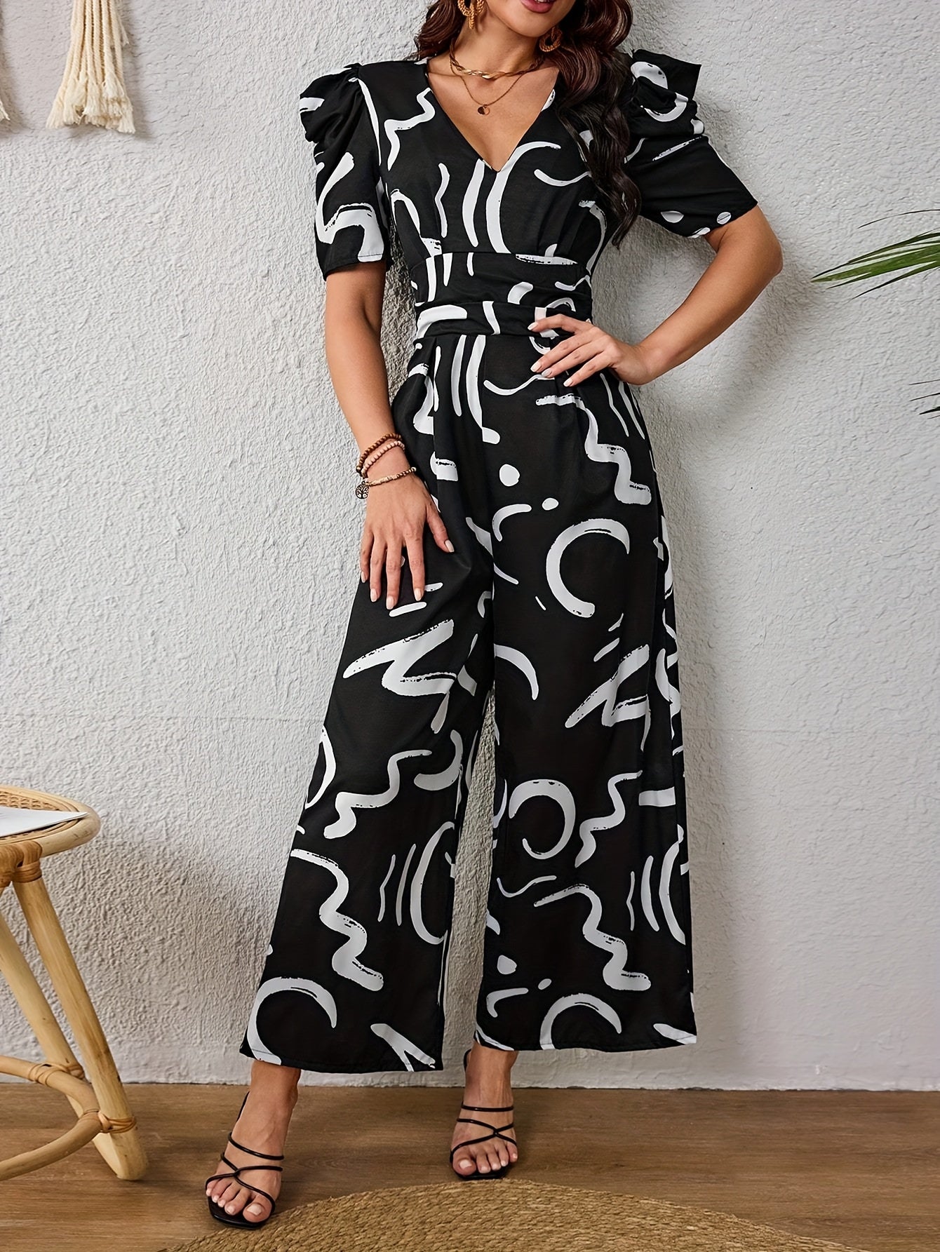 Women's Elegant V-Neck Geometric Print Jumpsuit - Wide-Leg Short Sleeve Machine Washable Non-Stretch Fabric, Spring Summer Fall Casual & Occasion Wear, Clothes for Ladies, Versatile Clothing, Stylish Outfit, Comfortable Fabri