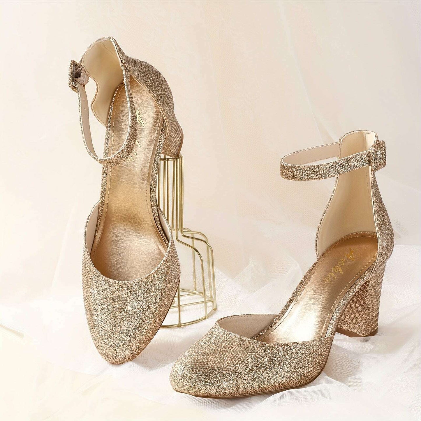 Elegant Golden Glitter D'Orsay High Heels for Women - Sparkling Pointed Toe with Ankle Strap, Lightweight & All-Season, PU Cover & Rubber Sole