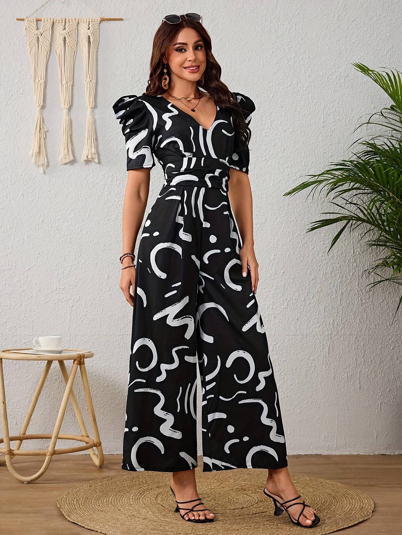 Women's Elegant V-Neck Geometric Print Jumpsuit - Wide-Leg Short Sleeve Machine Washable Non-Stretch Fabric, Spring Summer Fall Casual & Occasion Wear, Clothes for Ladies, Versatile Clothing, Stylish Outfit, Comfortable Fabri