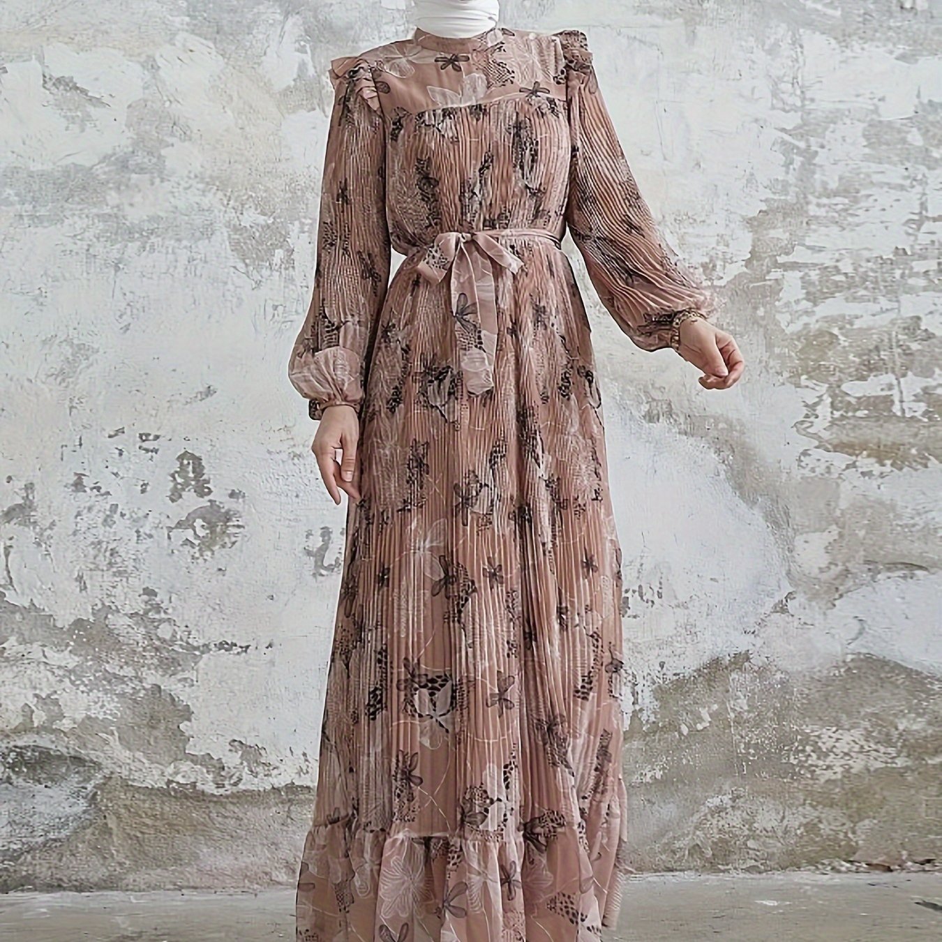 Stunning Floral Print Crew Neck Long Sleeve Abaya Dress - Elegant Ruffle Hem Maxi Length, Belted, Polyester, Machine Washable, Woven, Middle Eastern Style Womens Clothing for All Seasons