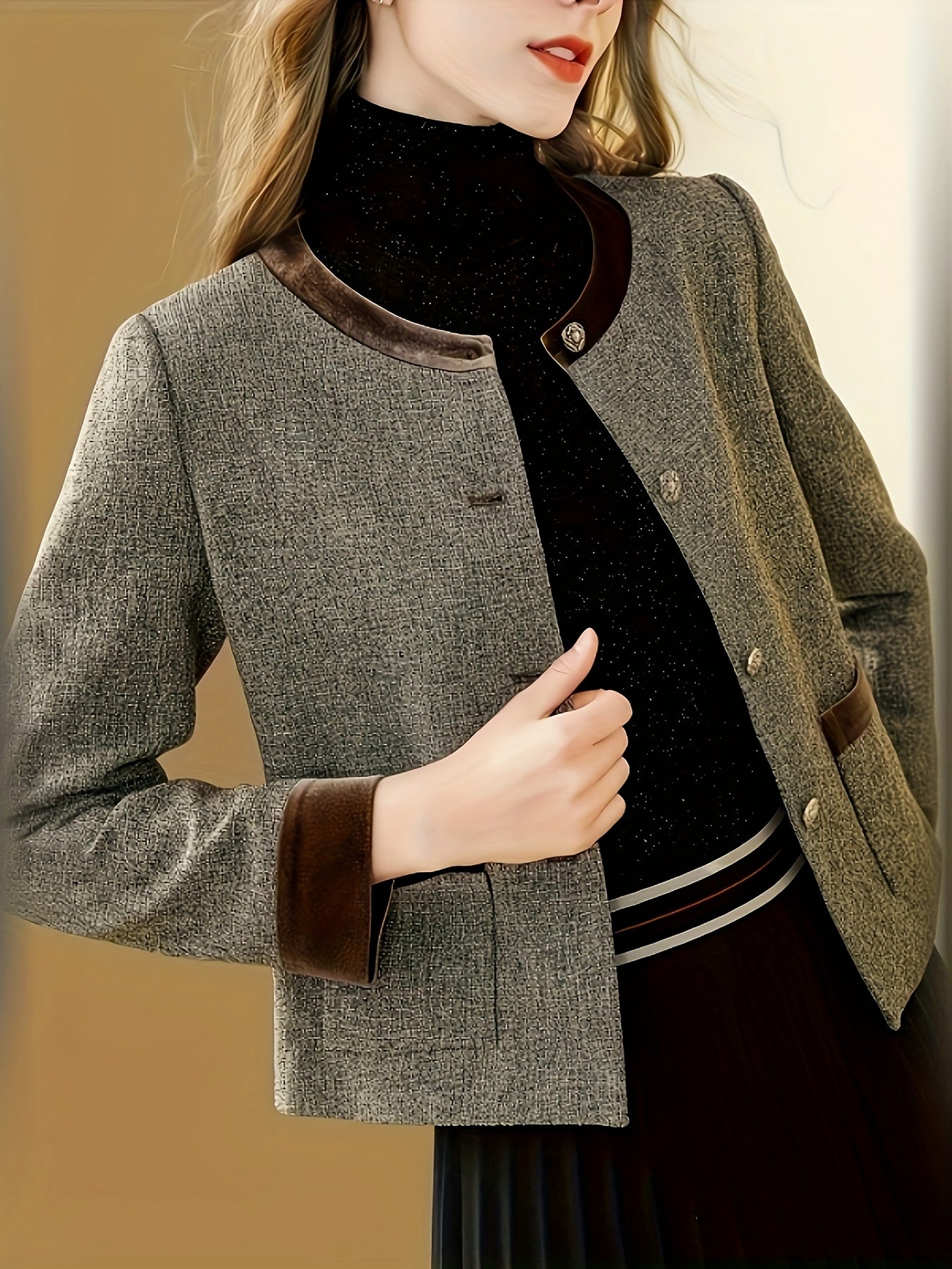 Women's Contrast Color Block Round Neck Short Jacket - Elegant Loose Fit Long Sleeve Spring/Fall Coat, Machine Washable Single-Breasted Casual Chic Outerwear, Spring Fashion, Sophisticated Style, Textured Fabric, Seasonal Tra