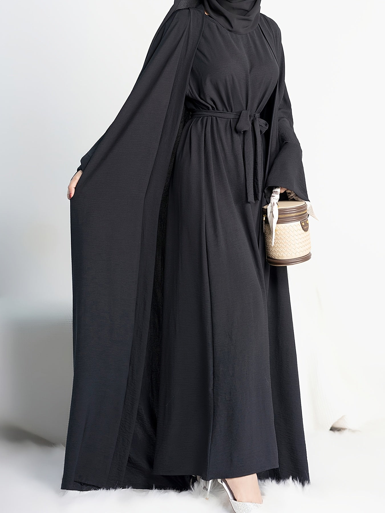 Muslim Lady 2pcs Abaya Set Eid Abaya Inner+open Abaya With Pocket