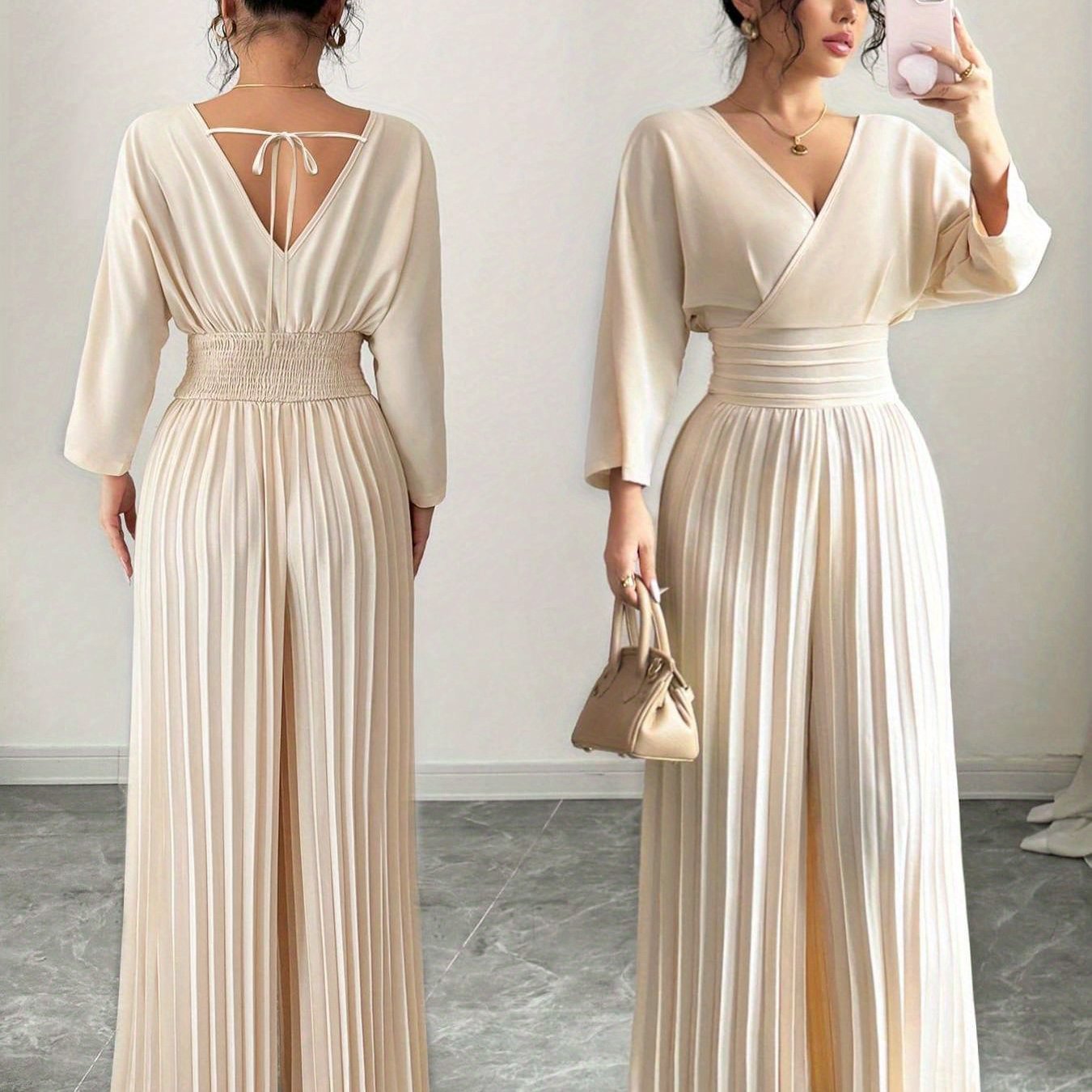 Women'S Elegant Beige Jumpsuit - V-Neck, Three-Quarter Sleeve, Wide-Leg Design with Tie Waist, Solid Color, Perfect for Vacation or Casual Outings, Vacation Attire | Vneck Jumpsuit | Glossy Texture