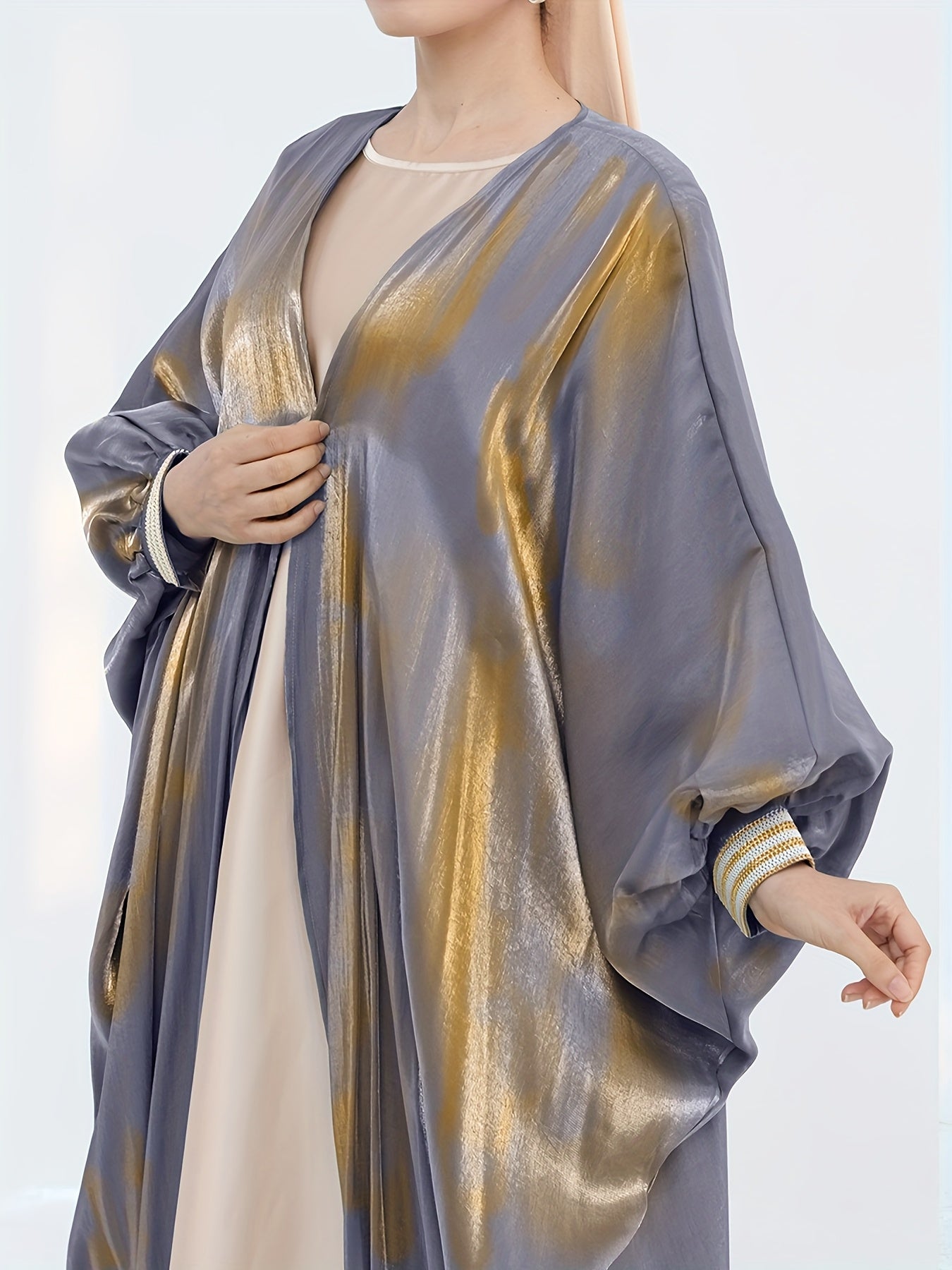 Women'S Reflective Golden & Gray Batwing Sleeve Long Tunic - Long Sleeve, Flowing Design, Perfect for Spring/Summer, Stylish Layering Piece, Summer Fashion | Flowing Tunic | Glossy Finish