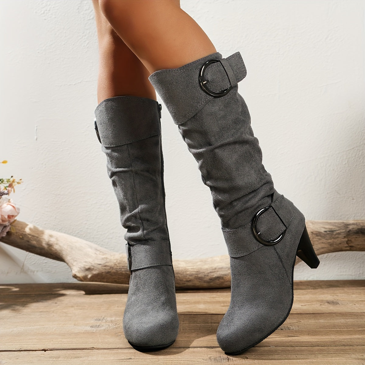 Women's Knee-High Boots with Pointed Toe, Cone Heel, Zip Closure, and Fabric Upper