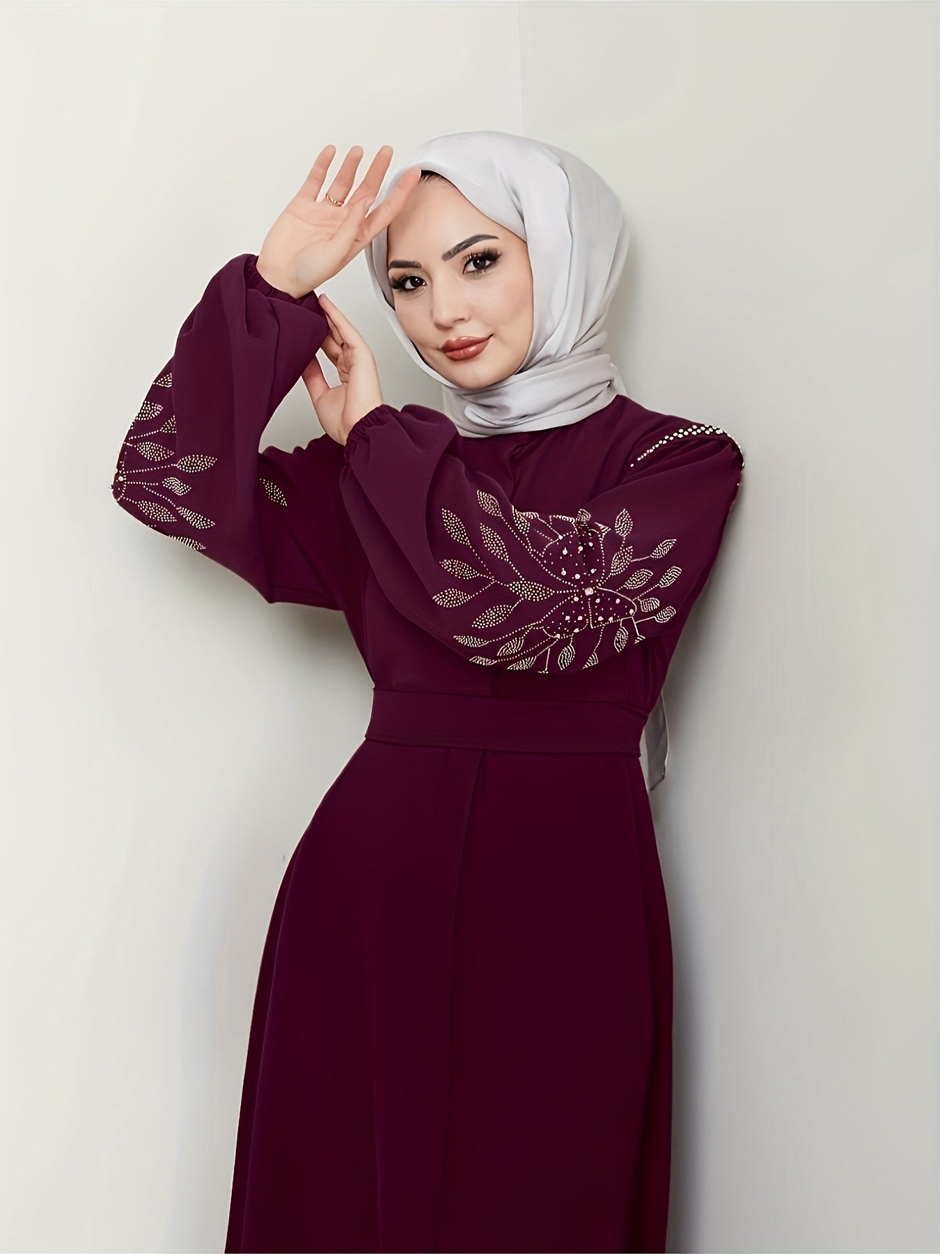 Elegant Black Abaya with Rhinestone Embellishments - Long Sleeve, Belted, All-Season Traditional Muslim Dress for Women, Islamic Fashion, Sophisticated Craftsmanship