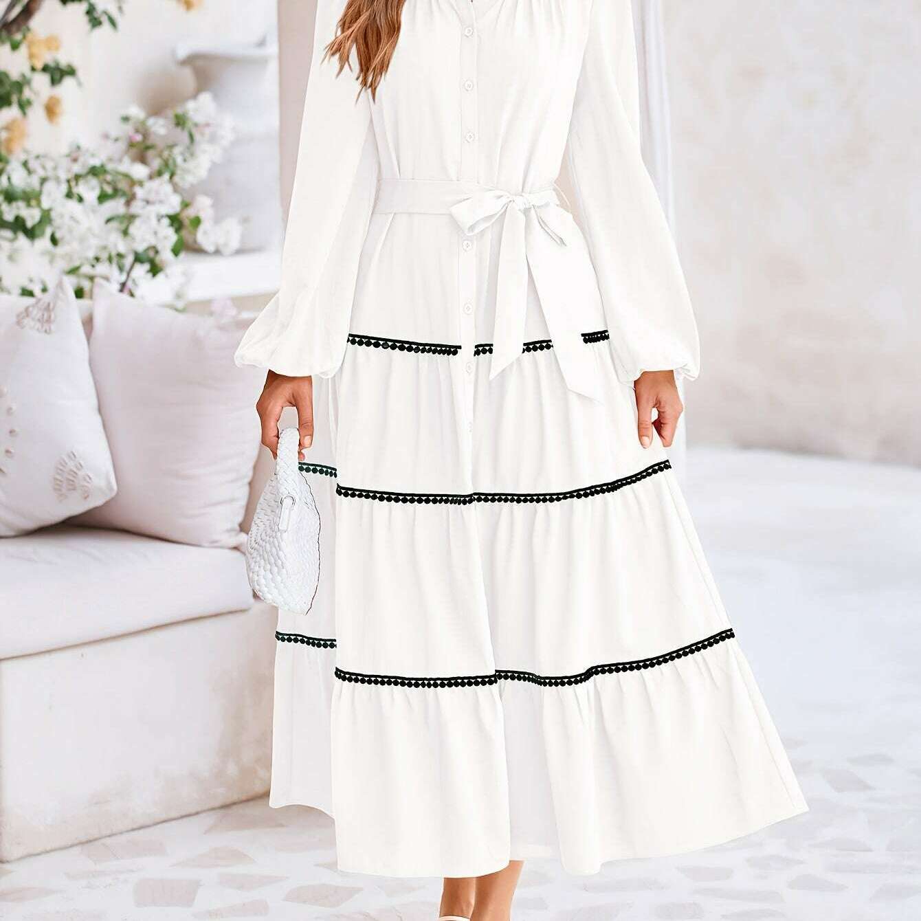 Women'S Spring Casual Dress Loose Drawstring Lantern Sleeve Long Sleeve Tier Dress With Pockets