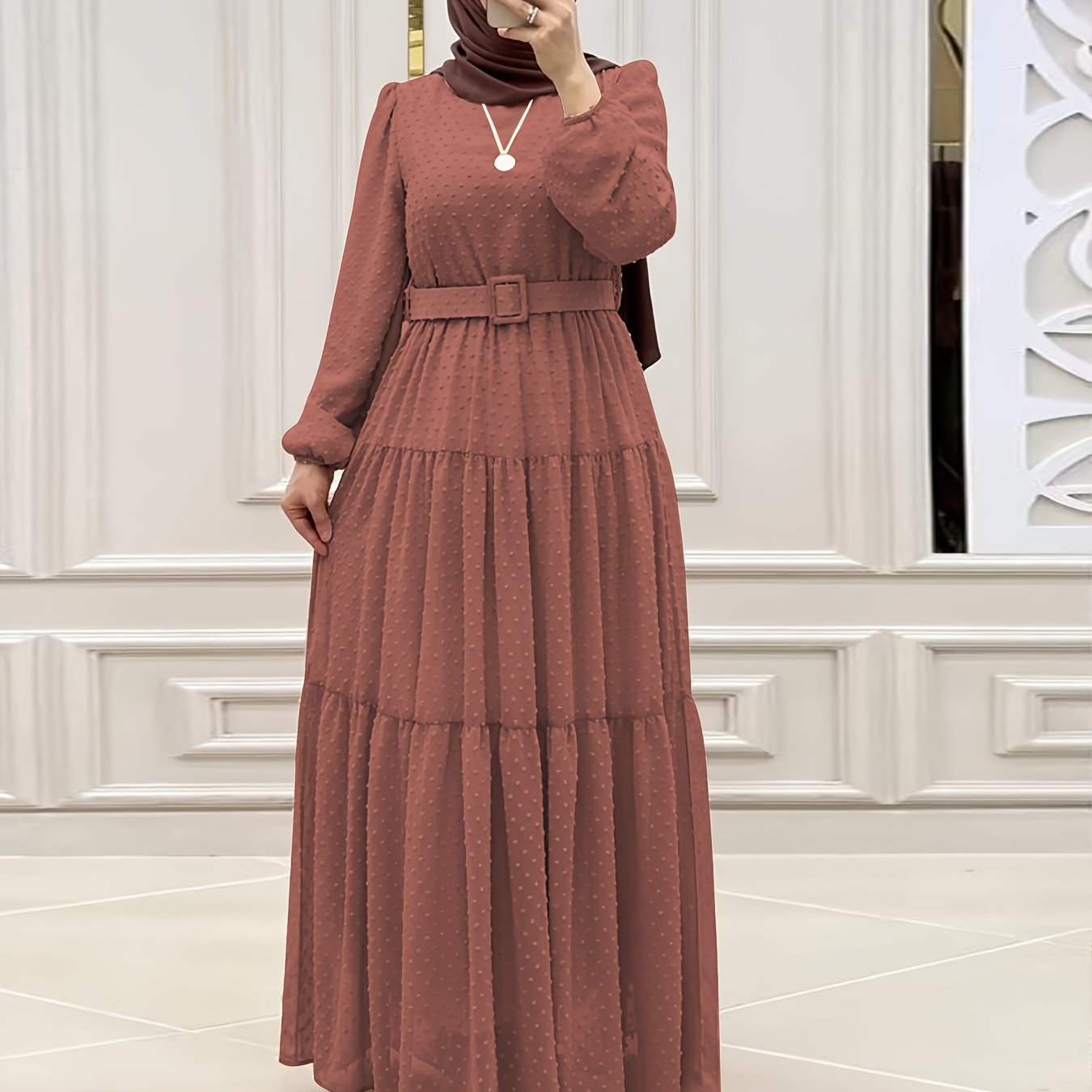 Women's Elegant Muslim Abaya Dress - Soft Pink Islamic Robe with Waist Belt, Flowy Long Dress for Everyday & Special Occasions, Machine Washable Modest Muslim Outfit (No Headscarf Included) - Middle Eastern Formal attire, Mus