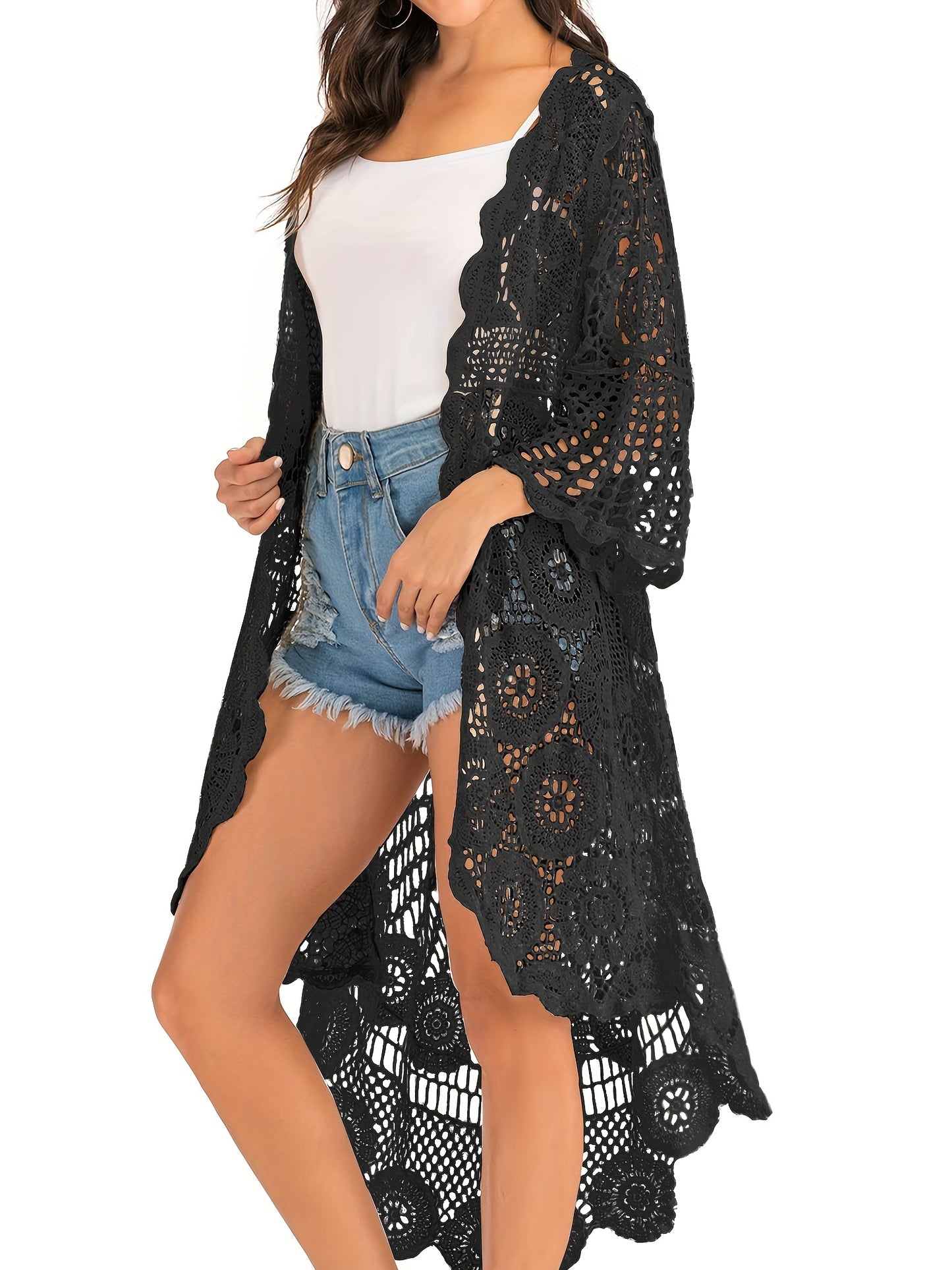 Boho Crochet Cardigan – Black & White Contrast Mesh Open Front Duster
