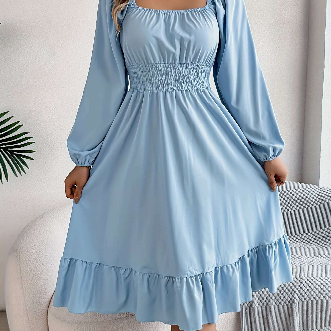 Ruffle Hem Lantern Sleeve A-line Dress, Elegant Solid Color Square Neck Backless Shirred Dress, Women's Clothing