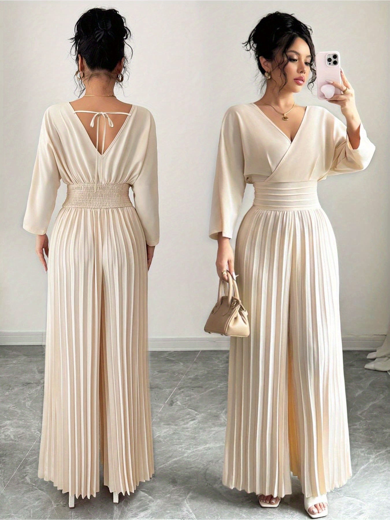Women'S Elegant Beige Jumpsuit - V-Neck, Three-Quarter Sleeve, Wide-Leg Design with Tie Waist, Solid Color, Perfect for Vacation or Casual Outings, Vacation Attire | Vneck Jumpsuit | Glossy Texture