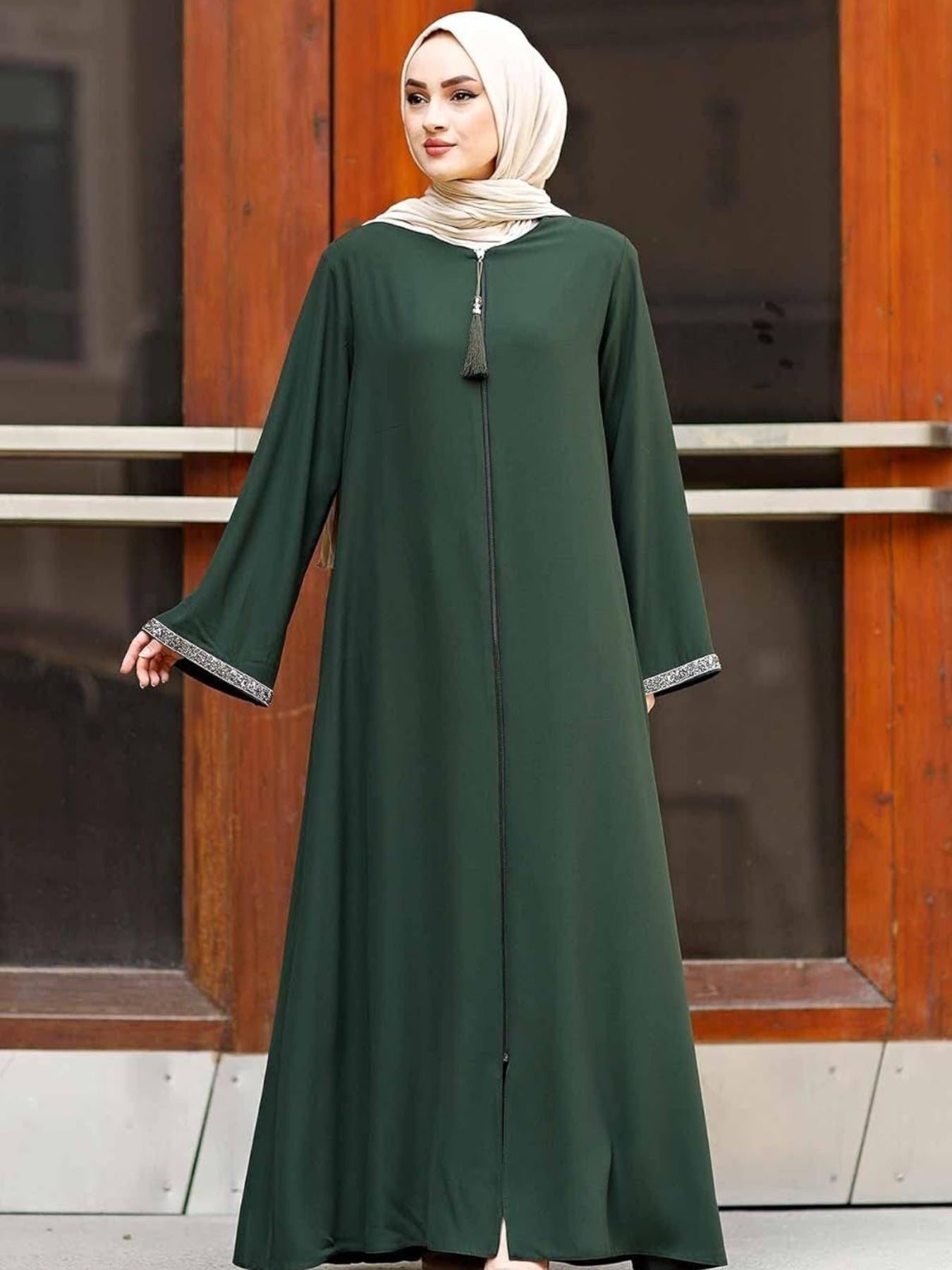 Women's Elegant Long Skirt Long Sleeve V-Neck Long Sleeve Tassel Zip Dress, Loose Boxing Prayer Dress, Machine Washable, Suitable for Eid al-Fitr, Family Celebrations and Spring and Summer Muslim Attire