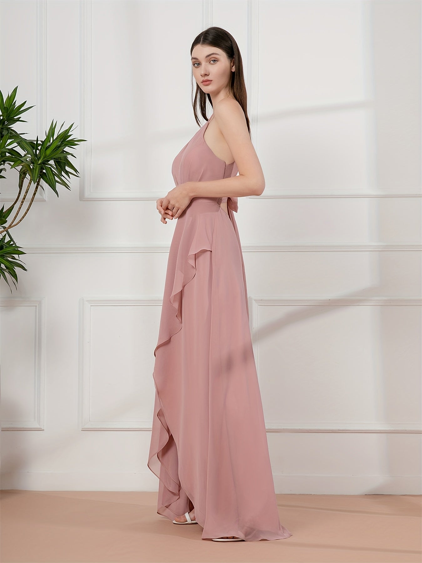 Elegant Special SH0006 Women'S Long Bridesmaid Dress - Asymmetrical One-Shoulder V-Neck with Flowing Skirt, Fitted Top & Flared Hem for Weddings, Prom, Formal Events, Wedding Dresses for Bride, Prom Gown, Sophisticated Design