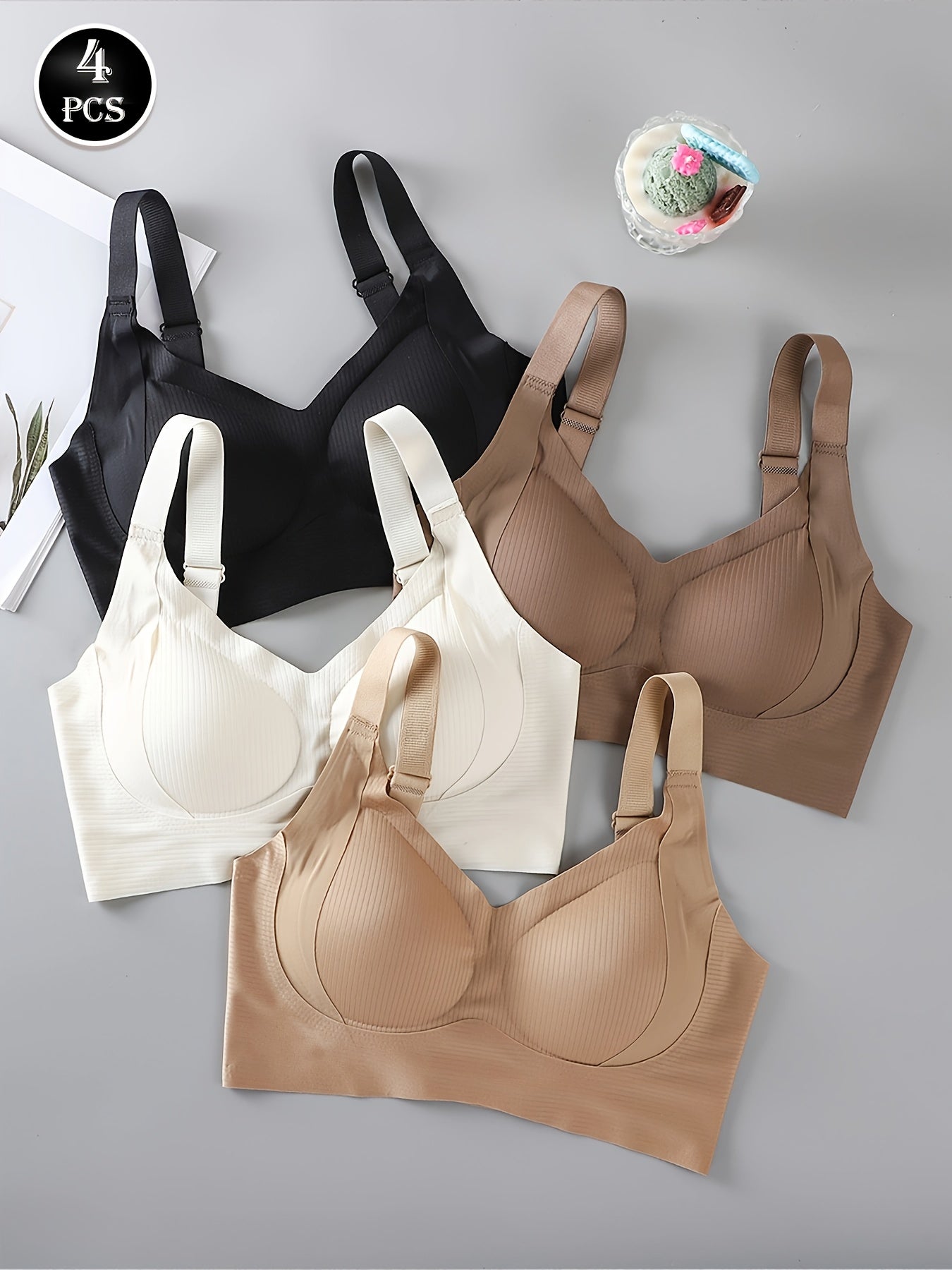 4-Pack Seamless Bras For Women - Comfortable & Breathable Wire-Free Bras with Sexy Back Lift, Wide Adjustable Shoulder Straps, High Elasticity Gathered Anti-Gravity Lifting - Daily Bra Sets For Daily Wear
