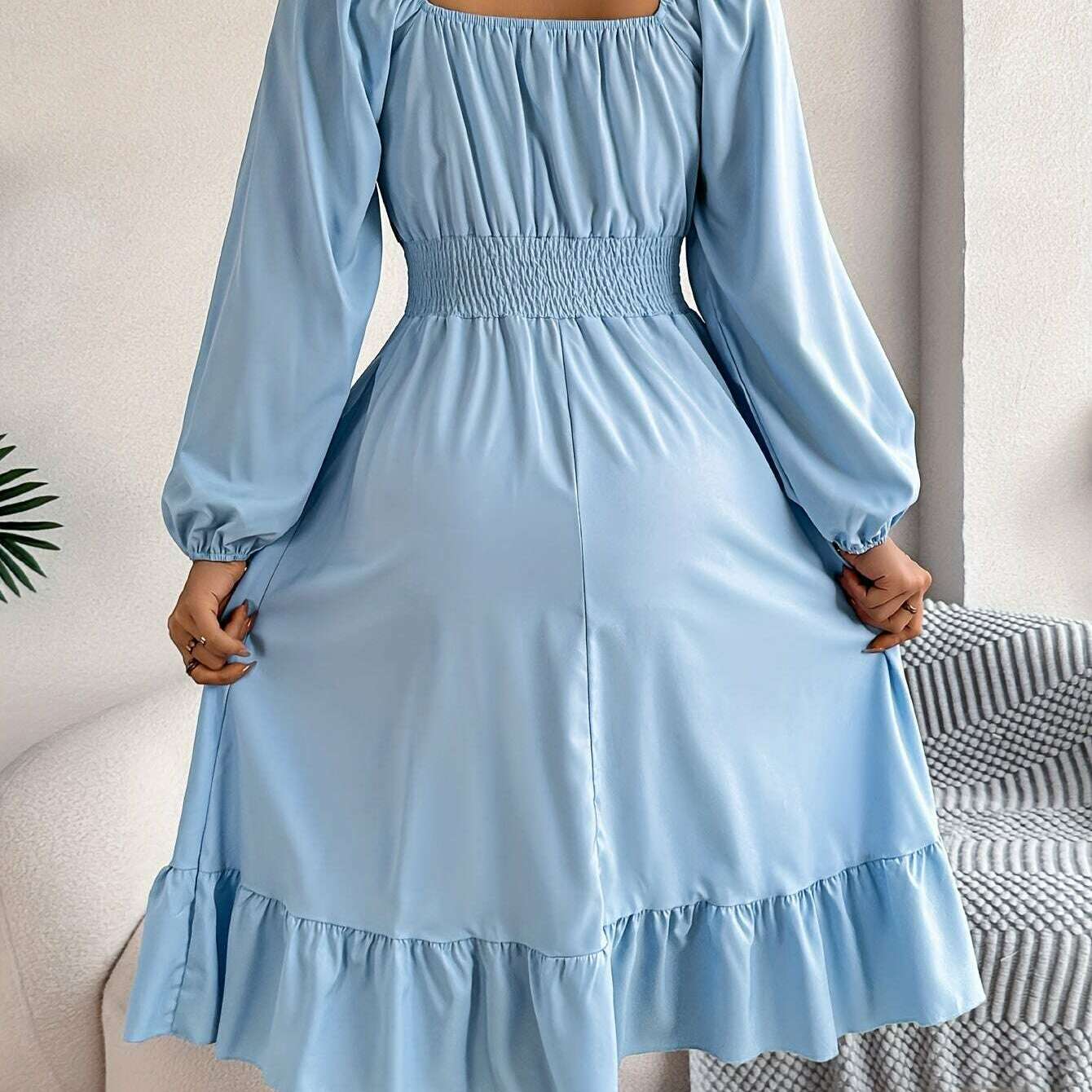 Ruffle Hem Lantern Sleeve A-line Dress, Elegant Solid Color Square Neck Backless Shirred Dress, Women's Clothing