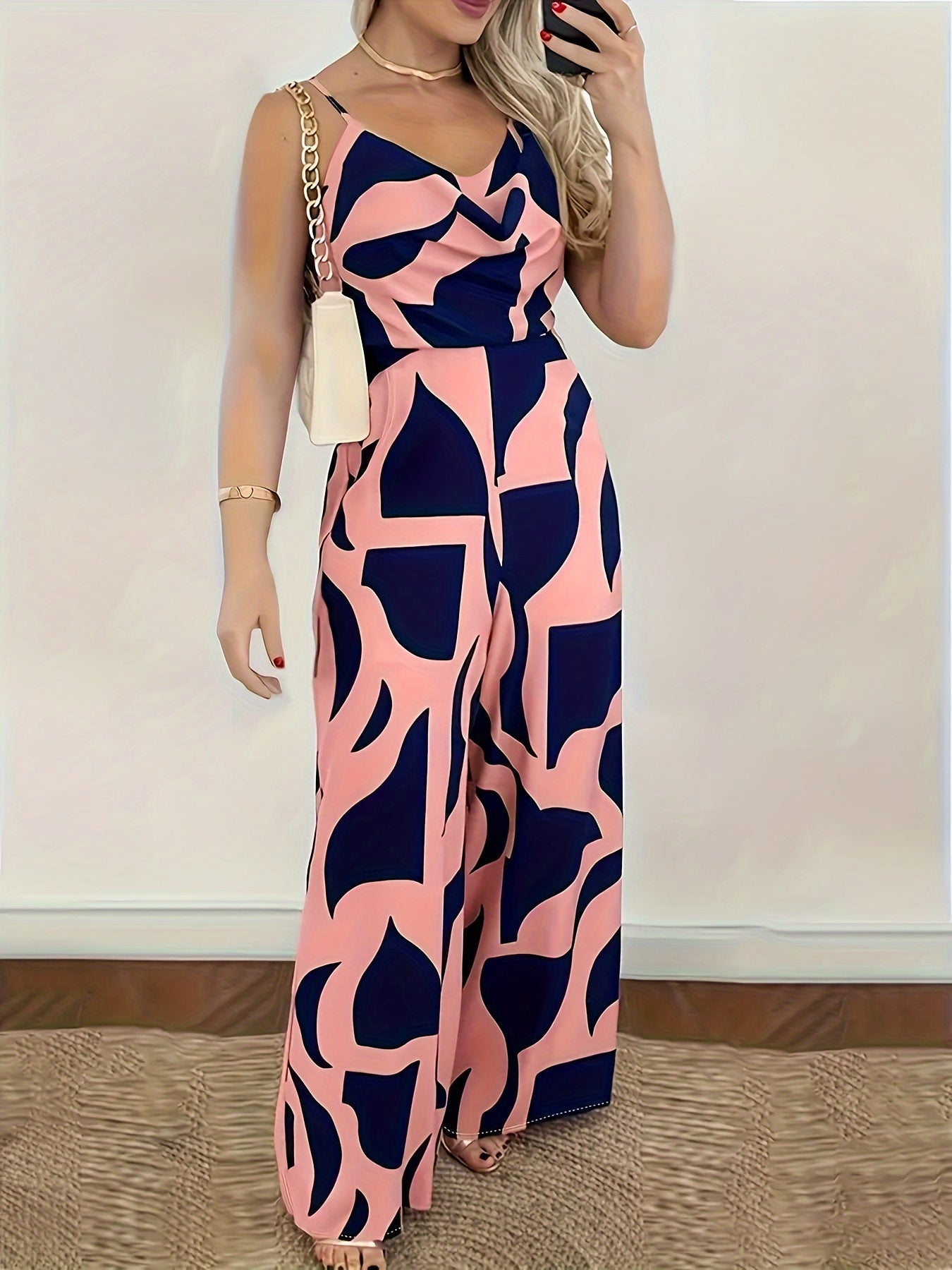 Women's Elegant Off-Shoulder High Waist Wide Leg Jumpsuit - Geometric Print Sleeveless Casual Outfit, Machine Washable Non-Stretch Fabric with Ruching Detail for All-Season Wear, Ladies Rompers And Jumpsuits, Smooth Texture F