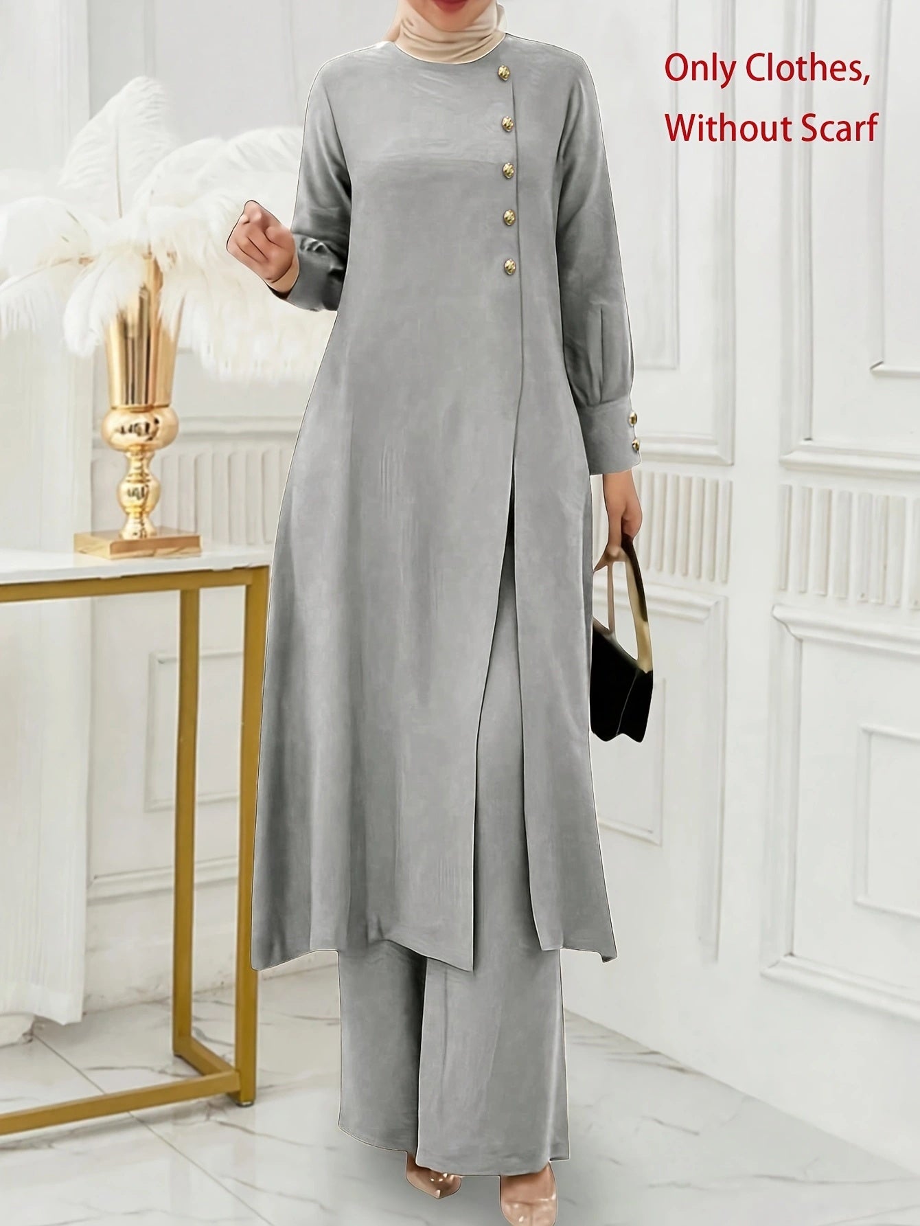 Ramadan, Women'S Front-Button Long Sleeve Slit Dress & Pants Casual Arabic Style 2pcs Set, Only Clothes, Without Headscarf