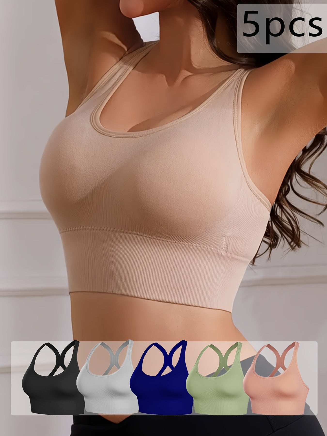 5pcs Women's X-Back Sports Bras with Removable Pads - Wire-Free Breathable High-Impact Workout Tops, Adjustable Straps & Full Coverage Support, 10 Color Options (Green, Black, White, Blue, Navy, Pink, Grey, Beige, Brown, Purp