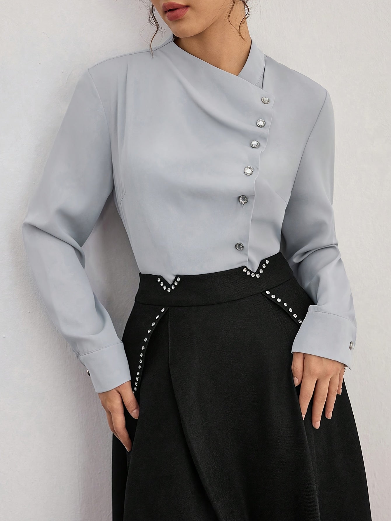 Women's Elegant French-Inspired Lace-Up Blouse with Cross Neckline & Pleated Detailing - Thick Non-Pilling Long Sleeve Shirt, Machine Washable Solid Color Top for Spring/Fall Office & Casual Wear, Lace Long Sleeve Top, Profes