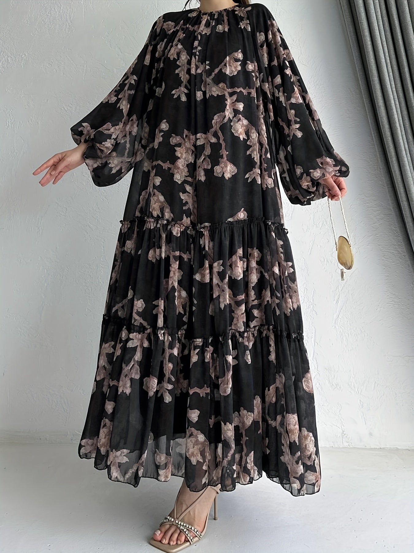 Women'S Elegant Black Floral Print Maxi Dress with Belt - Perfect for All Seasons, All-Season Dress | Floral Print Dress | Ruffled Hemline, Dress