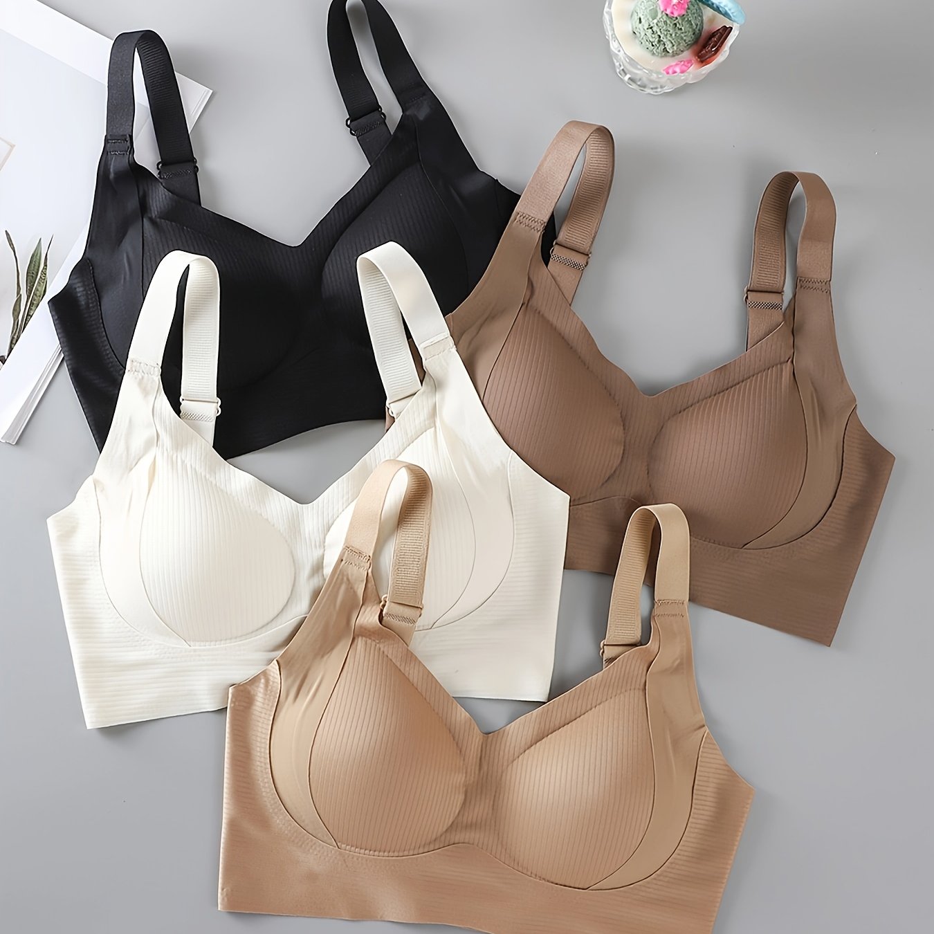 4-Pack Seamless Bras For Women - Comfortable & Breathable Wire-Free Bras with Sexy Back Lift, Wide Adjustable Shoulder Straps, High Elasticity Gathered Anti-Gravity Lifting - Daily Bra Sets For Daily Wear
