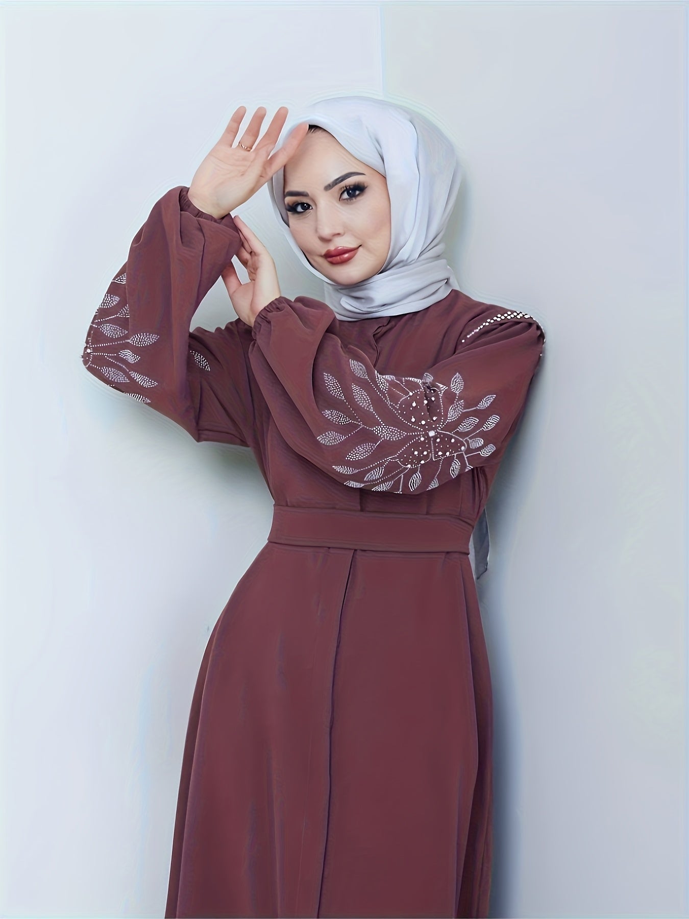 Elegant Black Abaya with Rhinestone Embellishments - Long Sleeve, Belted, All-Season Traditional Muslim Dress for Women, Islamic Fashion, Sophisticated Craftsmanship