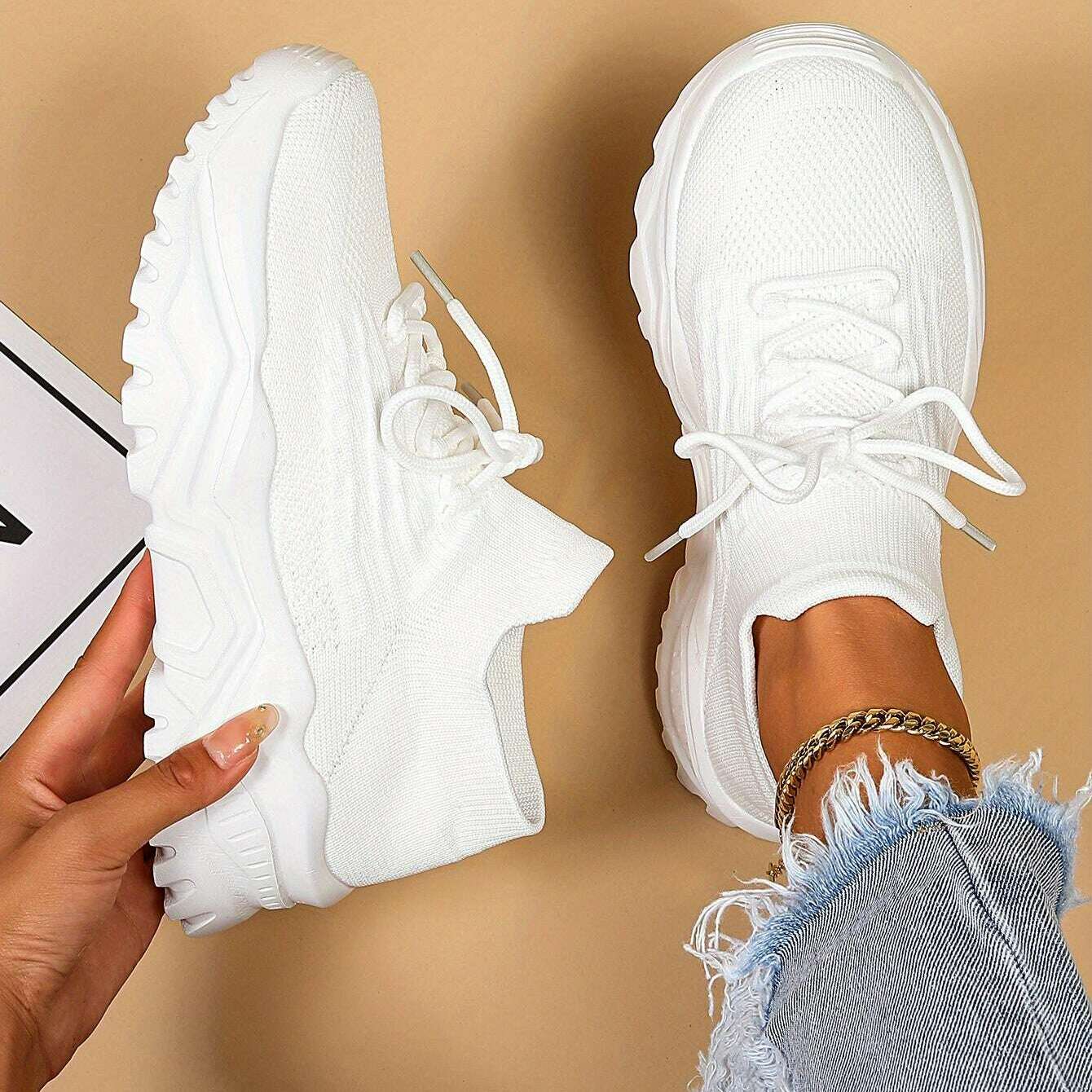 Women's Simple Plain Lace-Up Sneakers