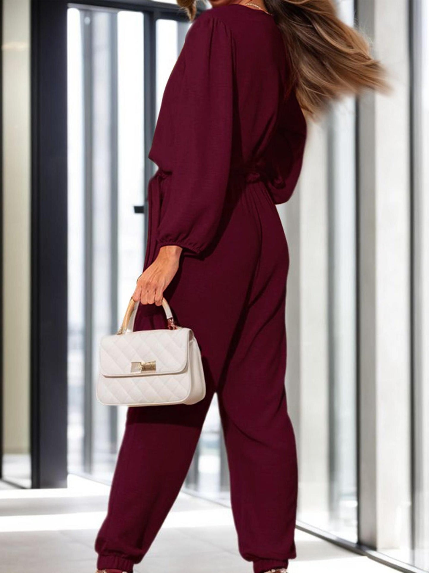 Tooluck Womens V Neck Long Sleeve Belt Pockets Long Pants Romper Jumpsuit