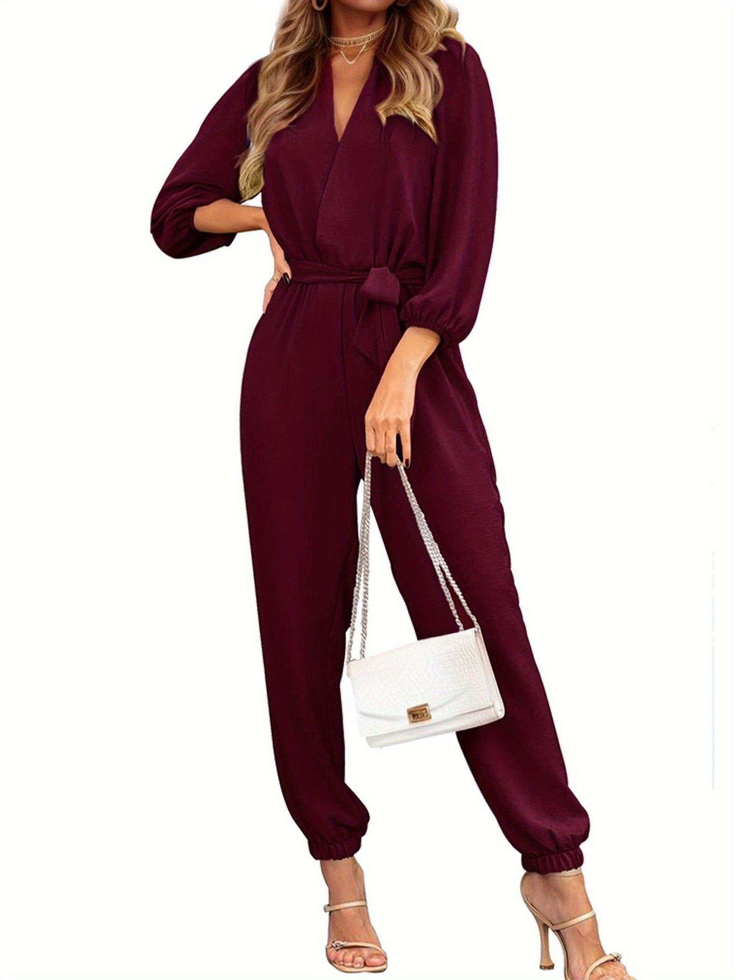 Tooluck Womens V Neck Long Sleeve Belt Pockets Long Pants Romper Jumpsuit
