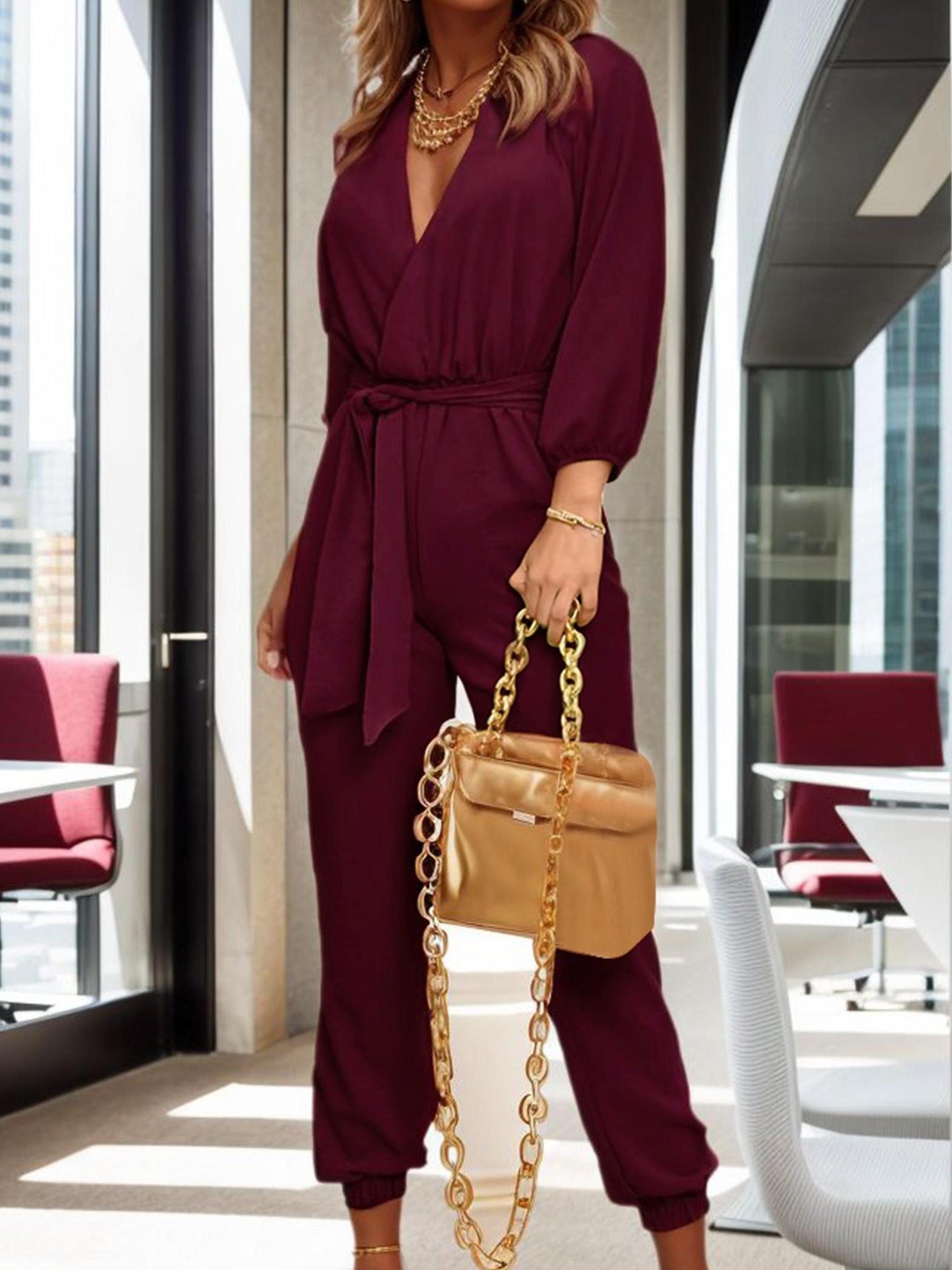 Tooluck Womens V Neck Long Sleeve Belt Pockets Long Pants Romper Jumpsuit