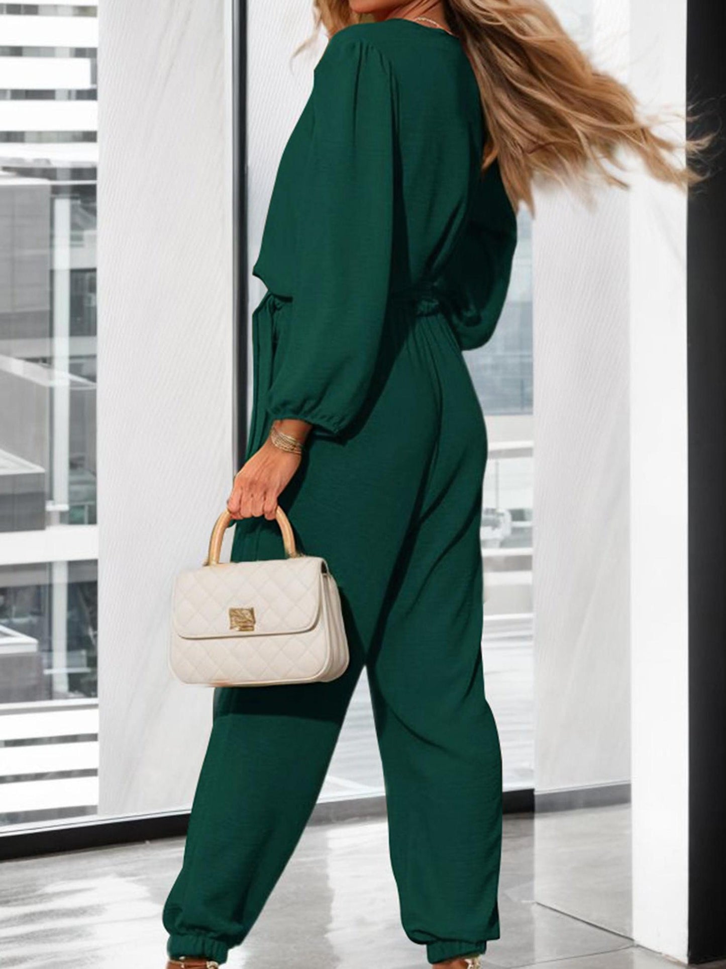 Tooluck Womens V Neck Long Sleeve Belt Pockets Long Pants Romper Jumpsuit