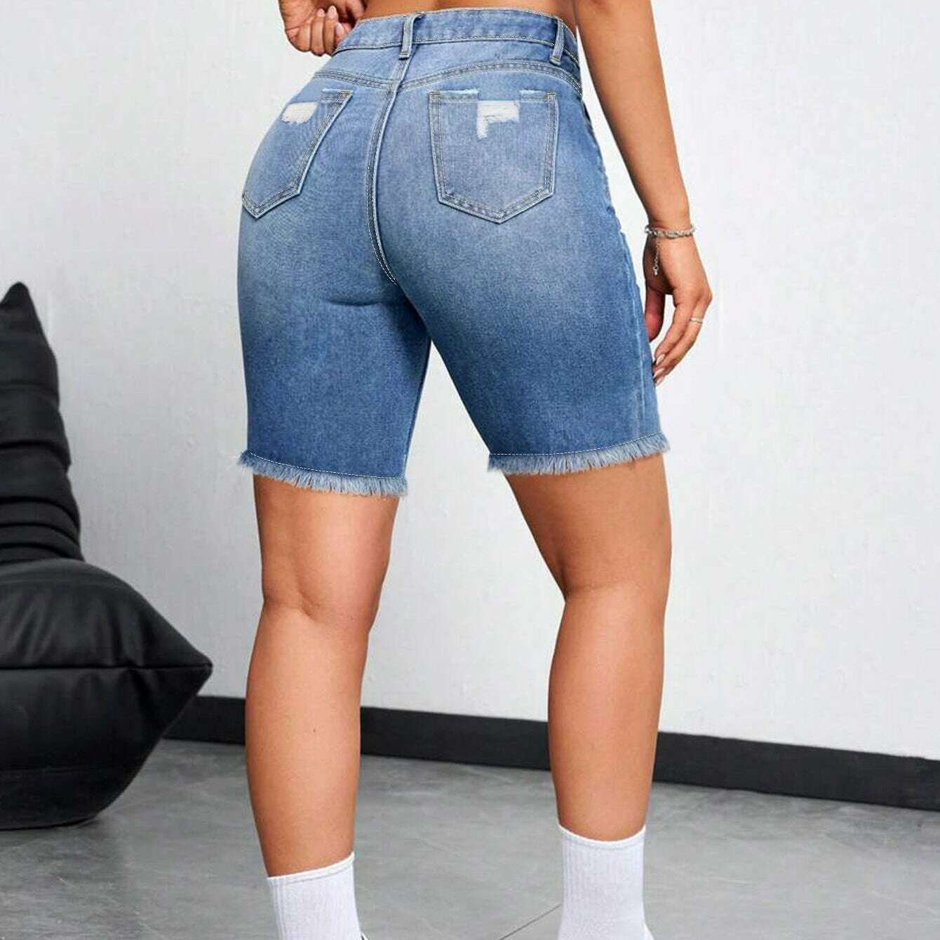 Ripped Raw Hem Jorts Shorts – Distressed Washed Blue Denim