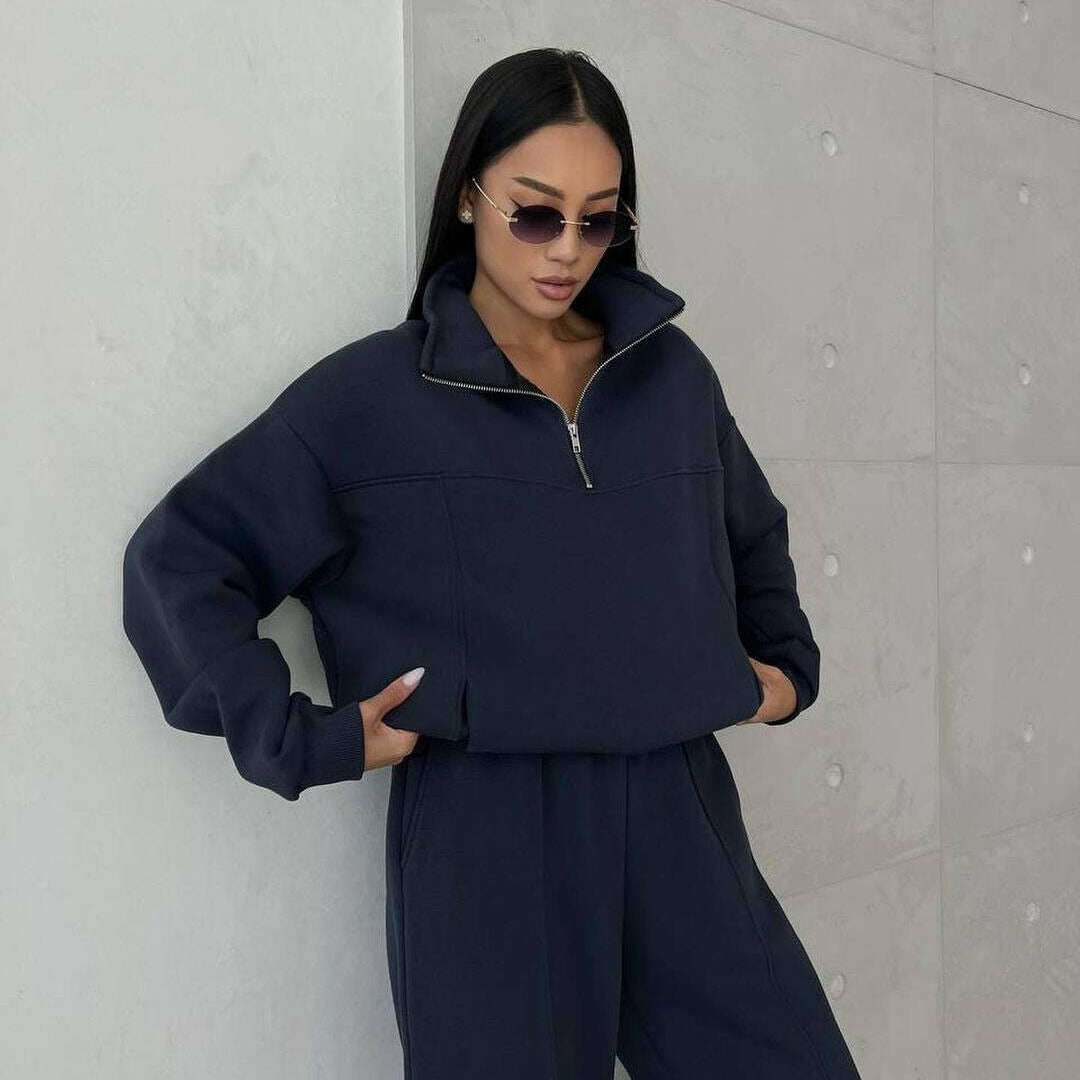 2024 Fall Fashion Stitching Padded Long Sleeve Sweater & Trousers Set