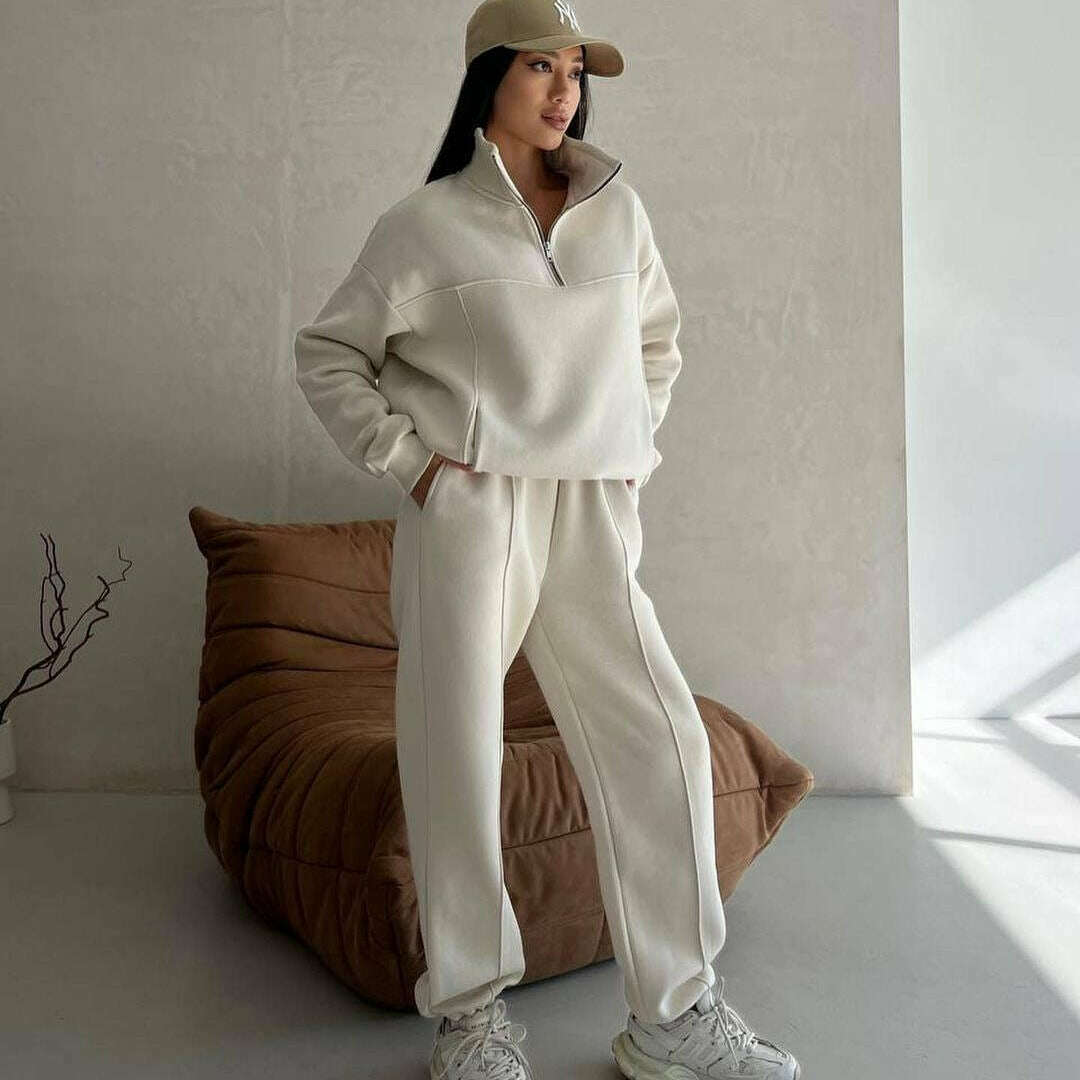 2024 Fall Fashion Stitching Padded Long Sleeve Sweater & Trousers Set