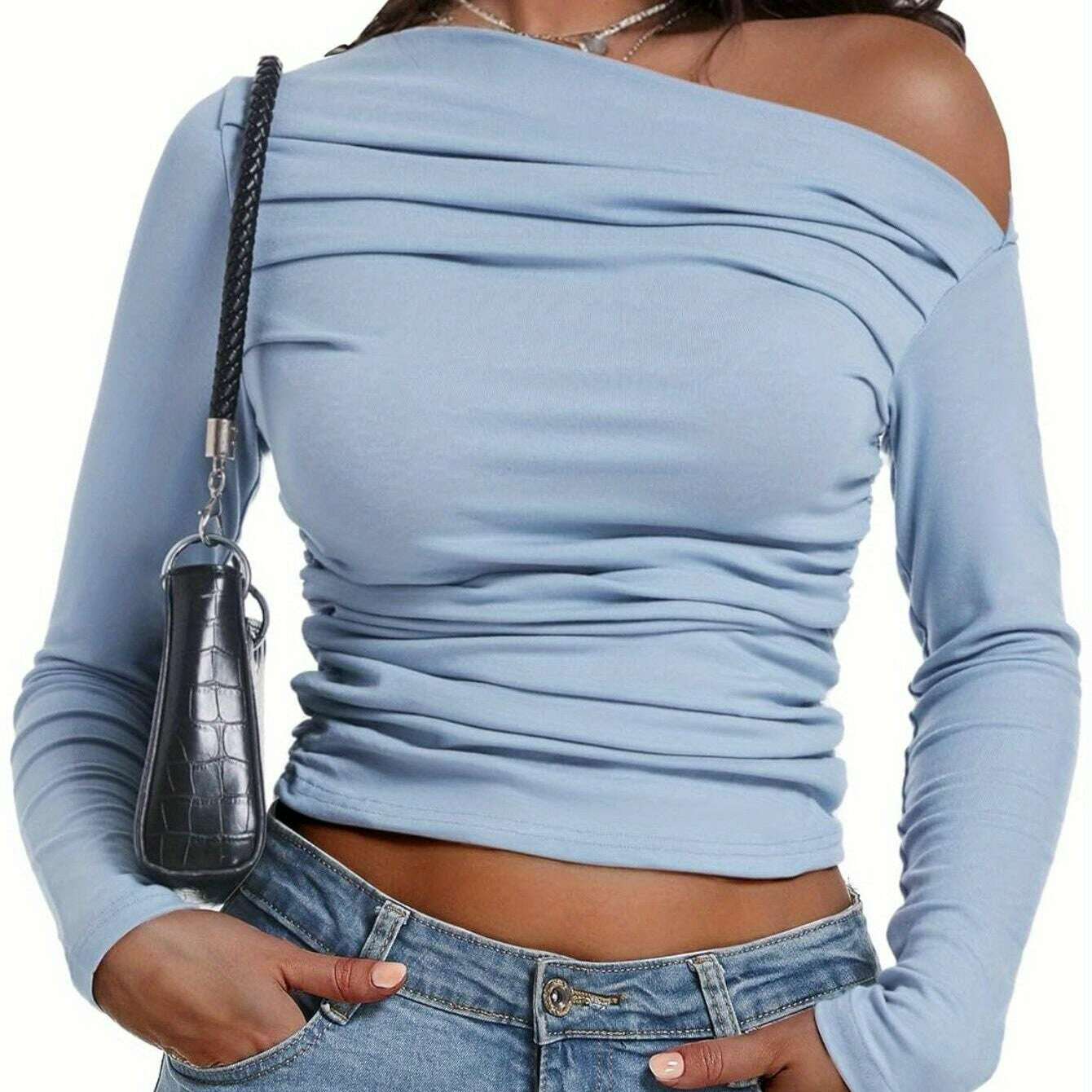 2024 One-Shoulder Long Sleeve Crop Top for Women