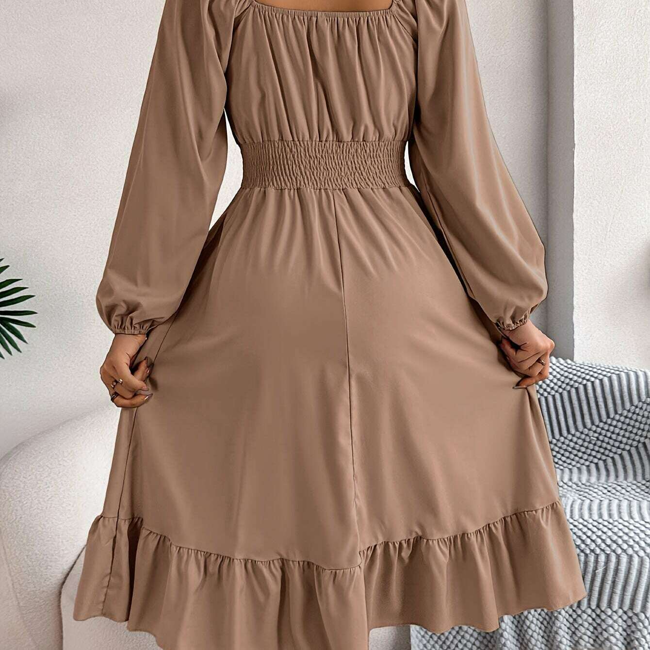 Ruffle Hem Lantern Sleeve A-line Dress, Elegant Solid Color Square Neck Backless Shirred Dress, Women's Clothing