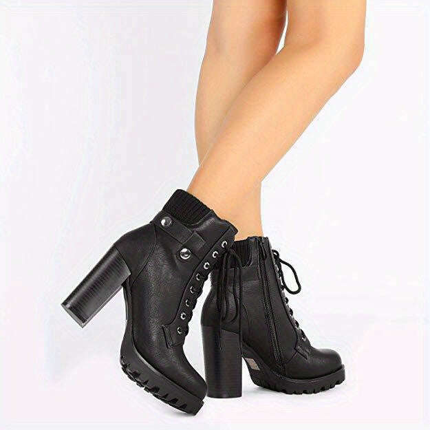 High Chunky Heel Lace-Up Combat Ankle Boots