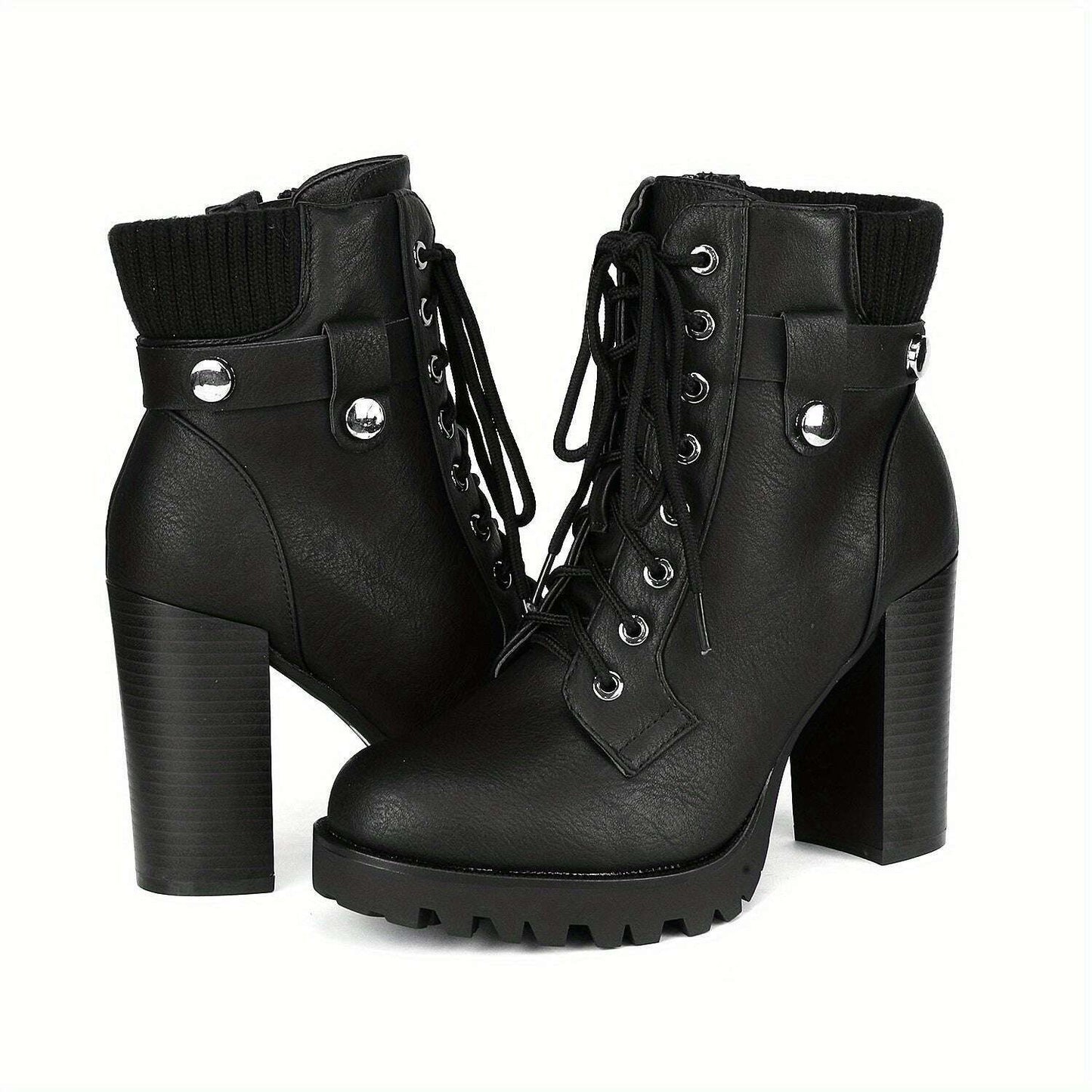 High Chunky Heel Lace-Up Combat Ankle Boots
