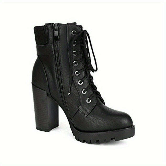 High Chunky Heel Lace-Up Combat Ankle Boots